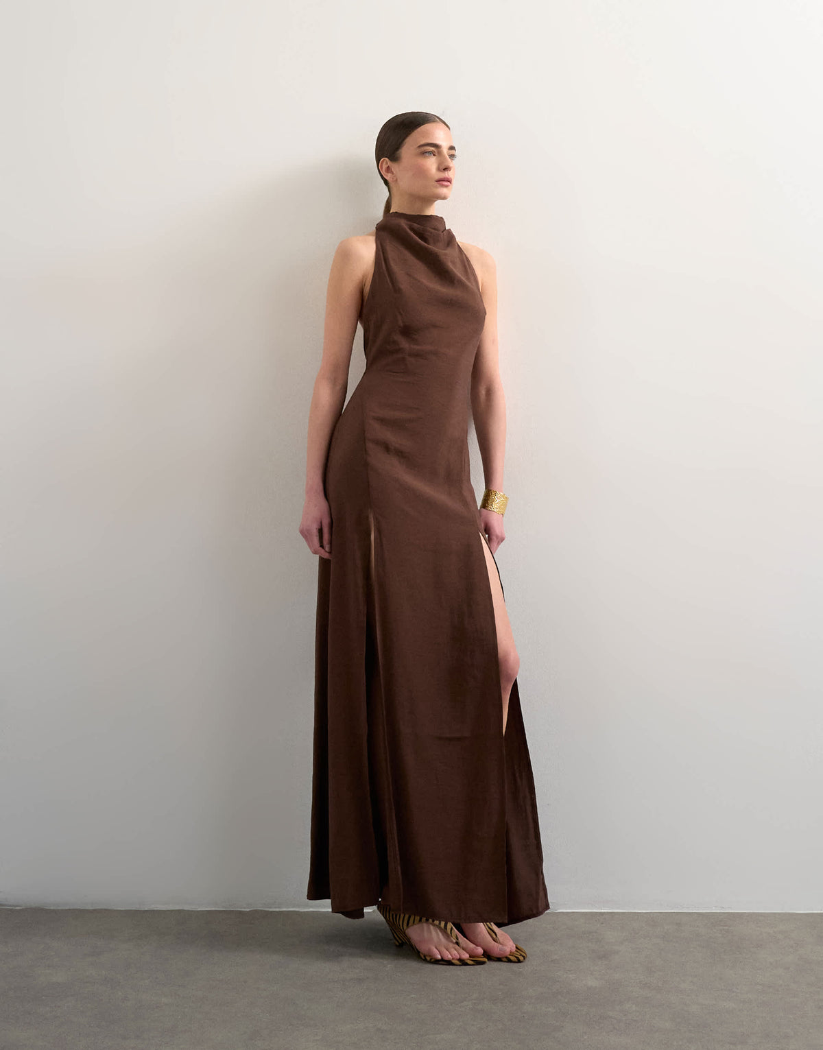 Topshop halter cowl maxi dress in chocolate cupro