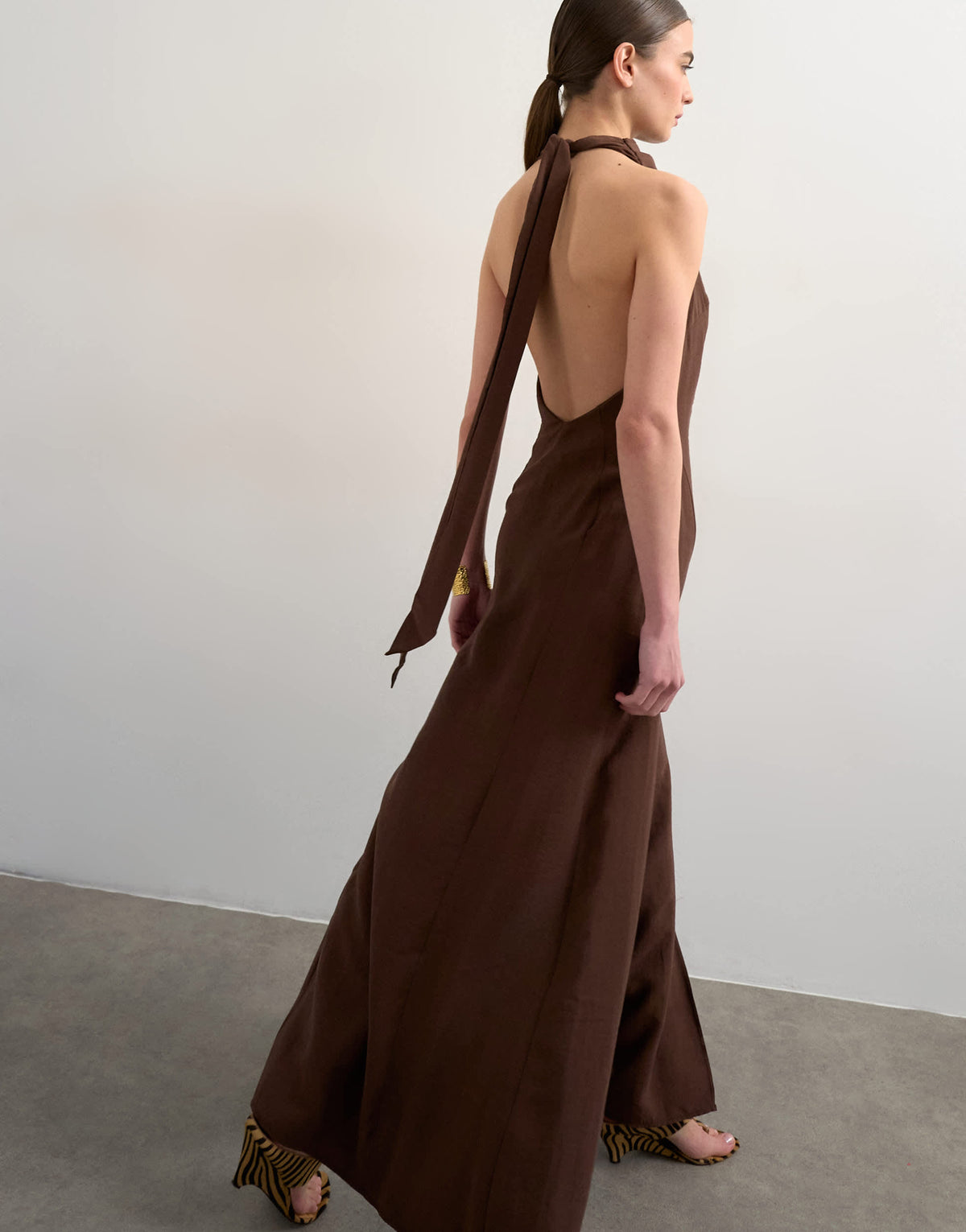 Topshop halter cowl maxi dress in chocolate cupro