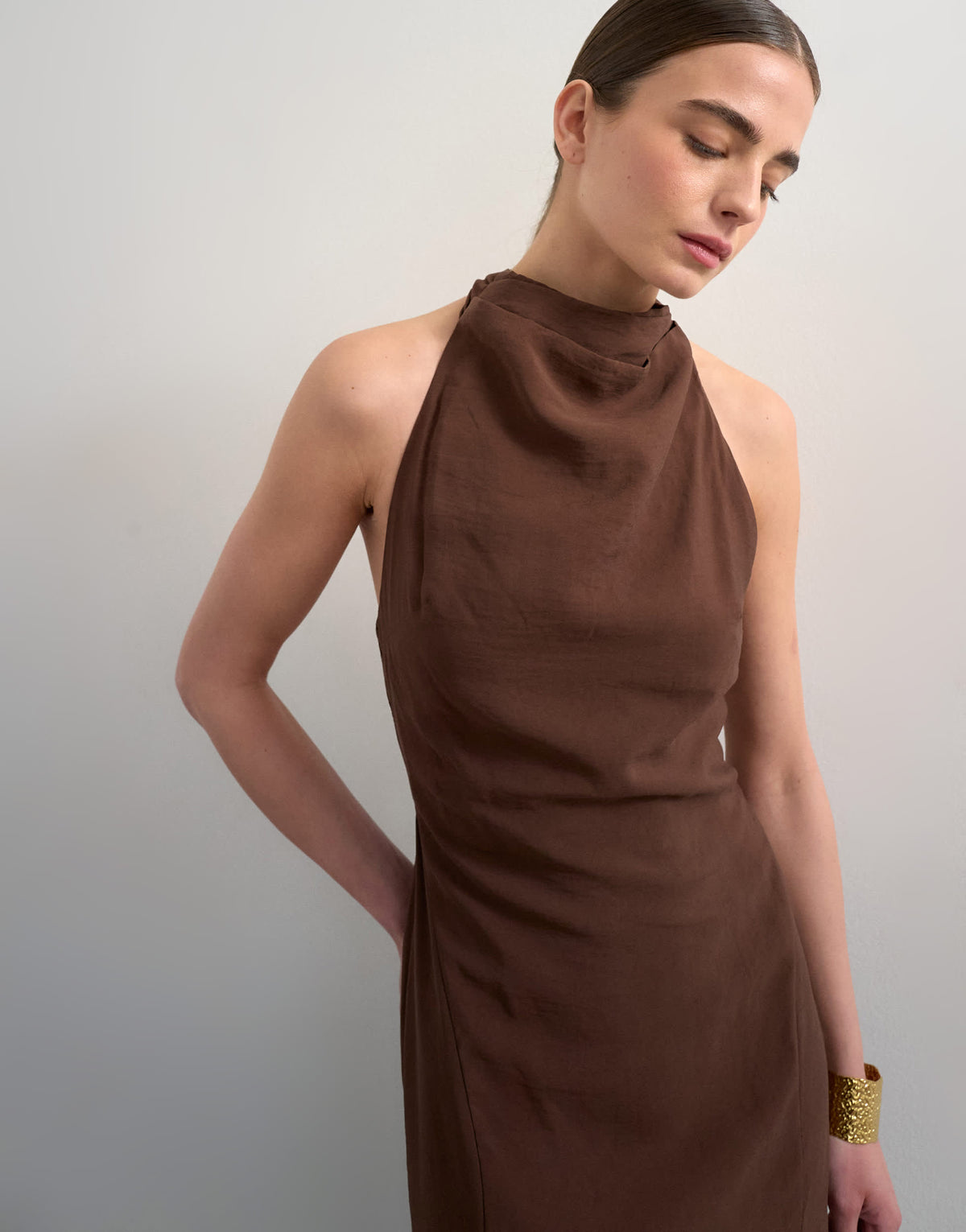 Topshop halter cowl maxi dress in chocolate cupro