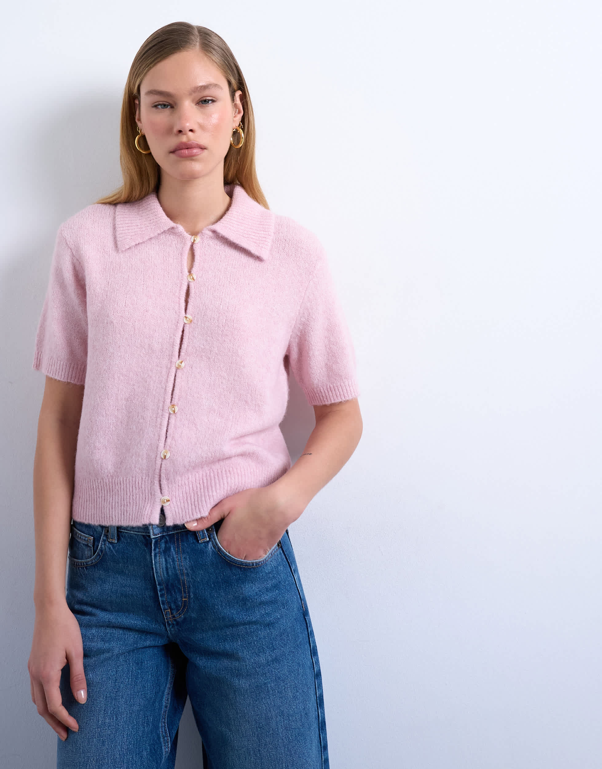 Topshop Knitted half sleeve collared cardigan in light pink