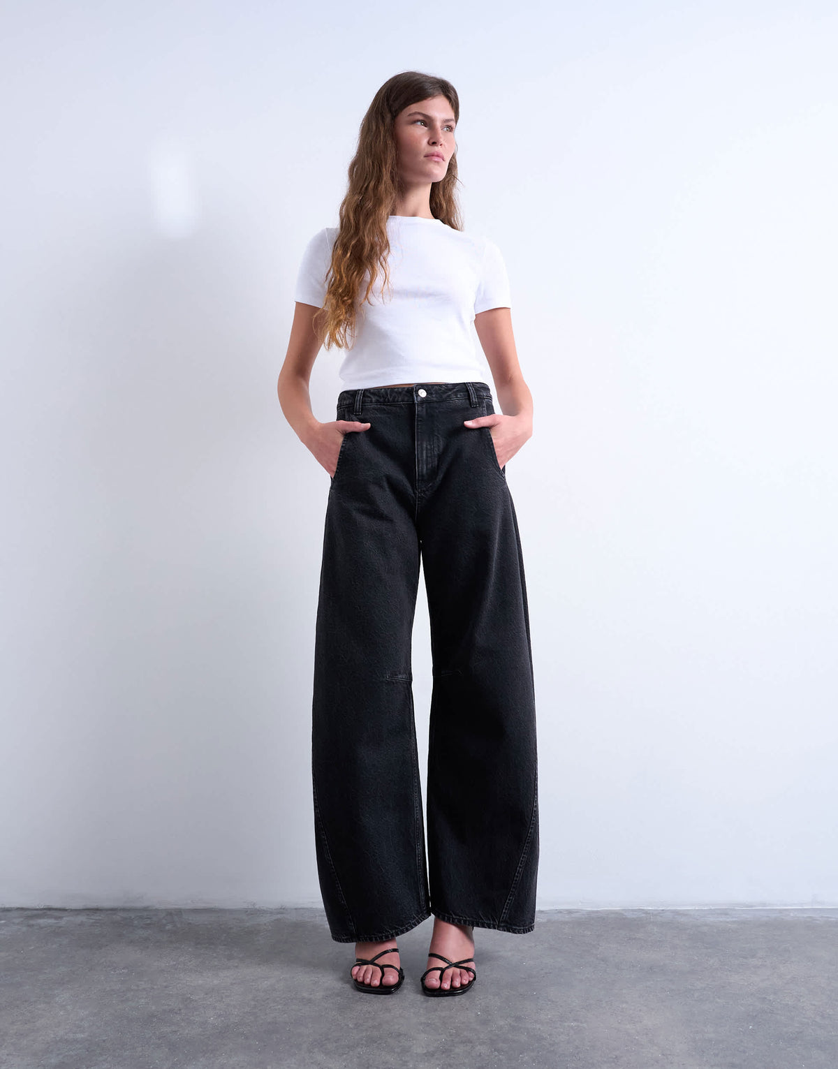 Topshop Horseshoe high rise barrel jean circular design in washed black