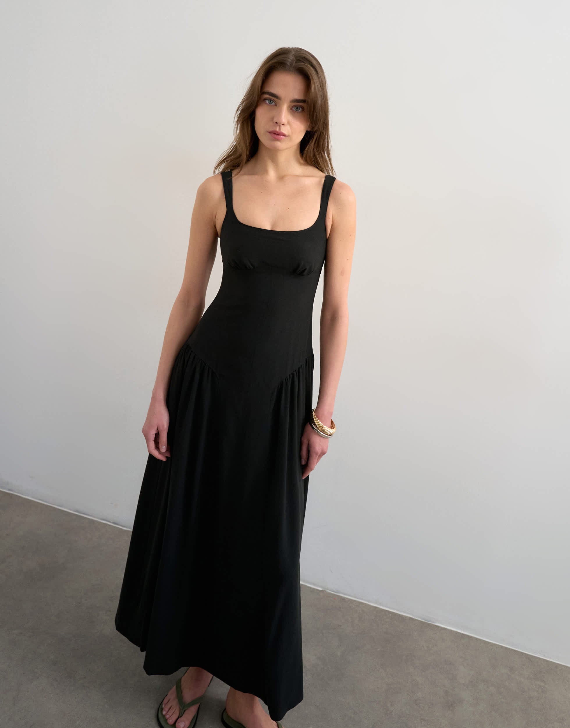 Robe longue en lin noir à taille basse Topshop