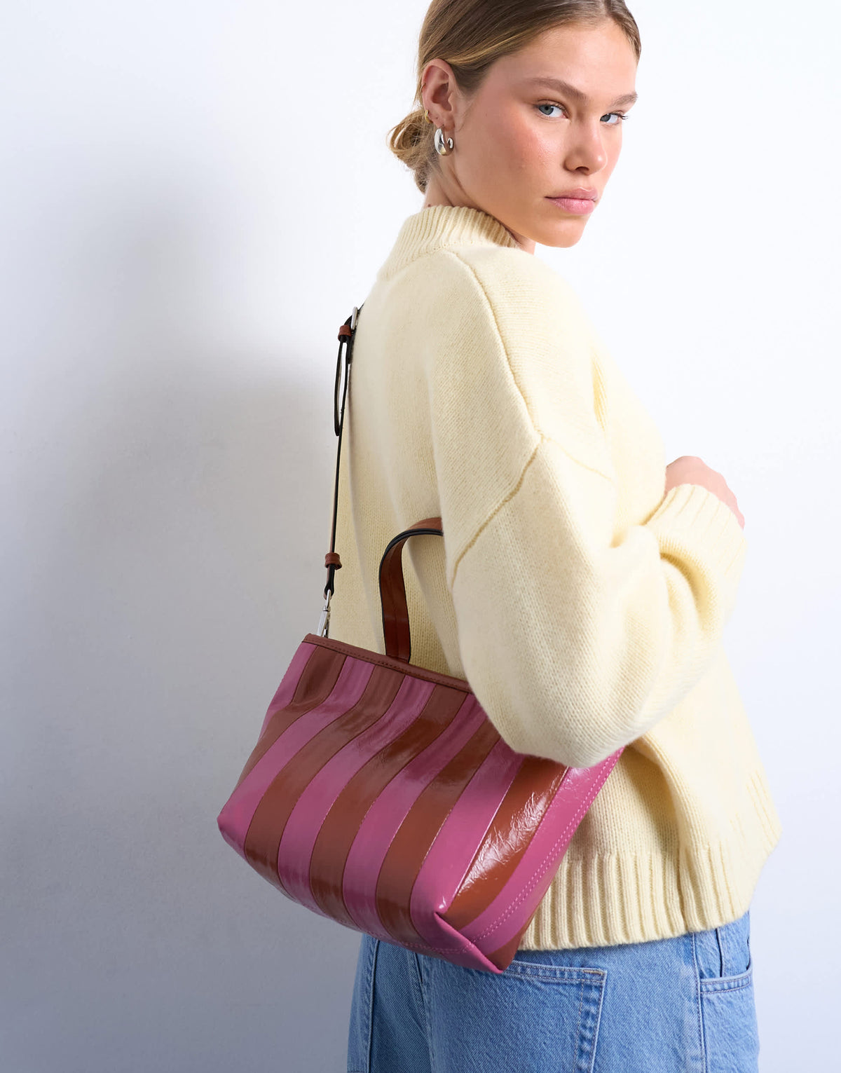 Topshop Gemma medium stripe faux leather grab bag in pink and brown