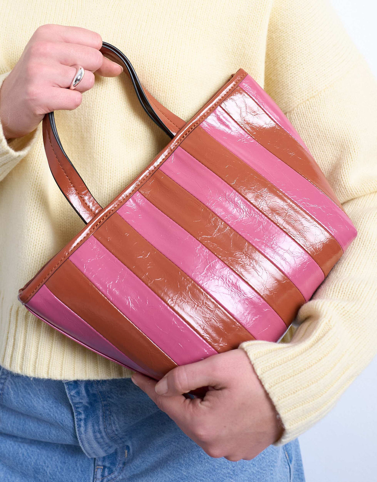 Topshop Gemma medium stripe faux leather grab bag in pink and brown