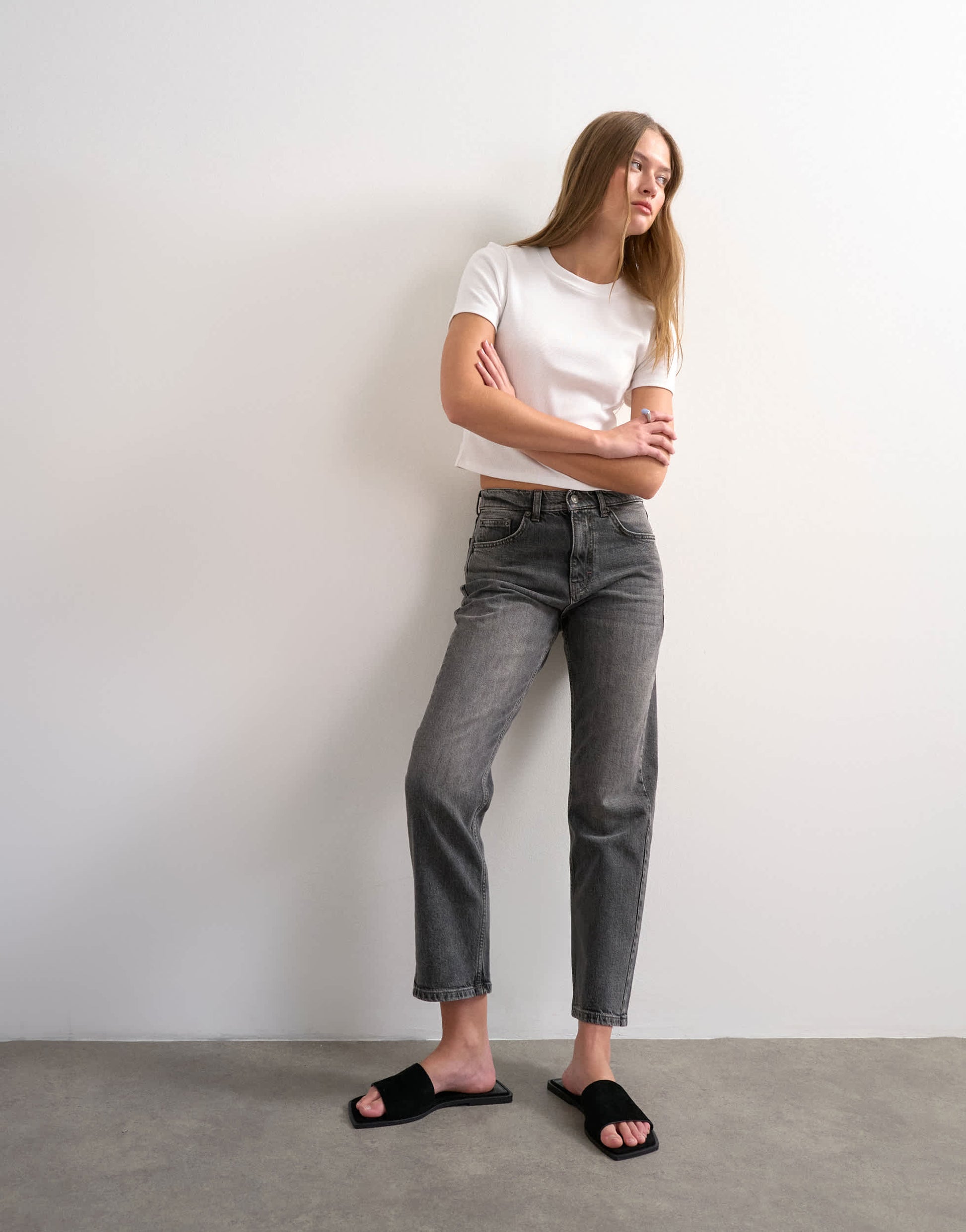 Topshop Orson mid rise comfort straight jean in washed grey