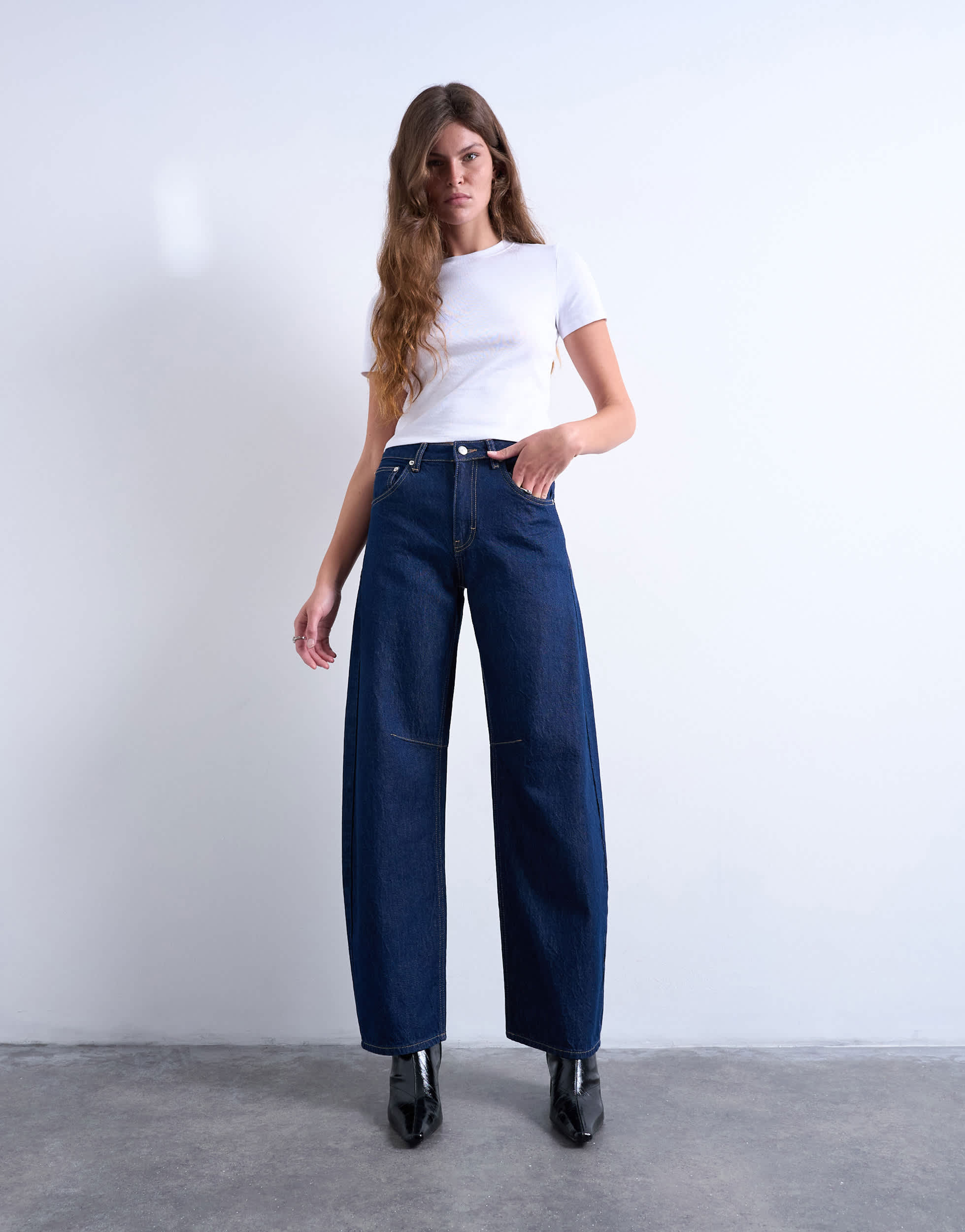 Topshop Barrel high rise jean circular design in indigo rinse