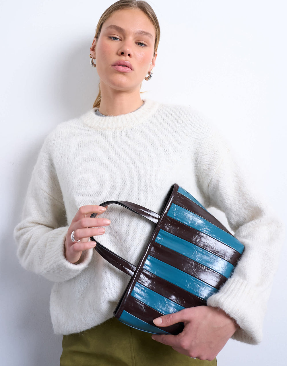 Topshop Gemma medium stripe faux leather grab bag in blue and brown