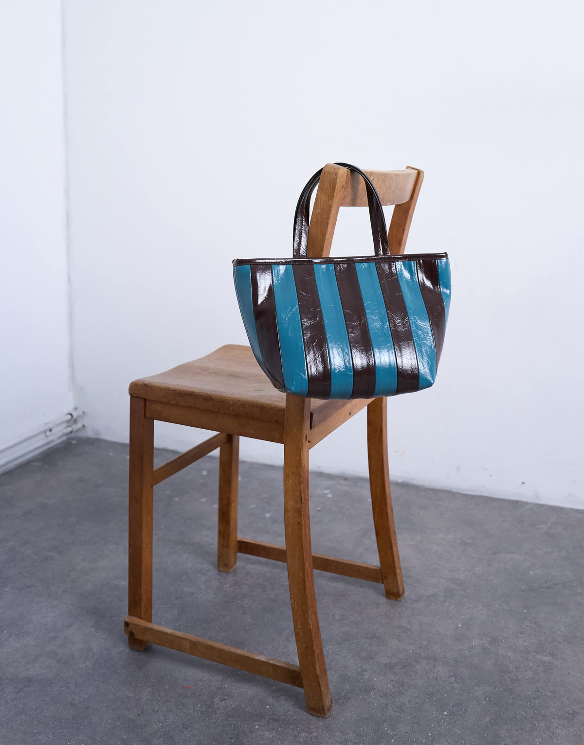 Topshop Gemma medium stripe faux leather grab bag in blue and brown