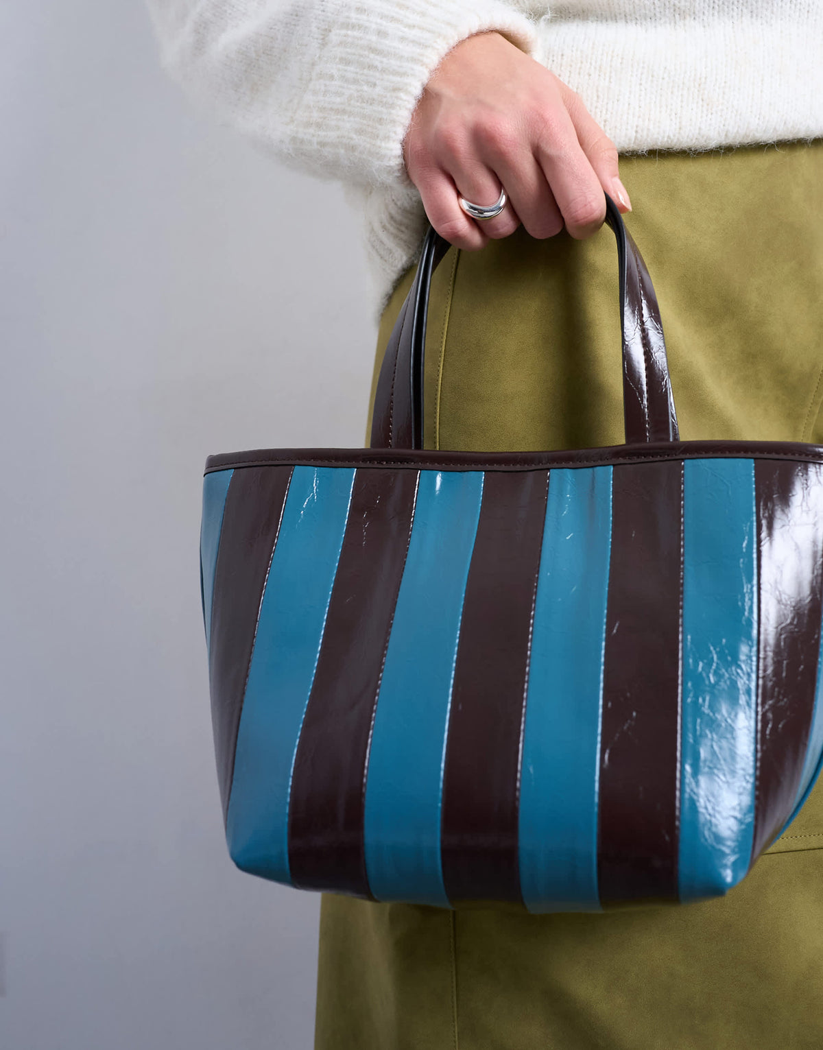 Topshop Gemma medium stripe faux leather grab bag in blue and brown