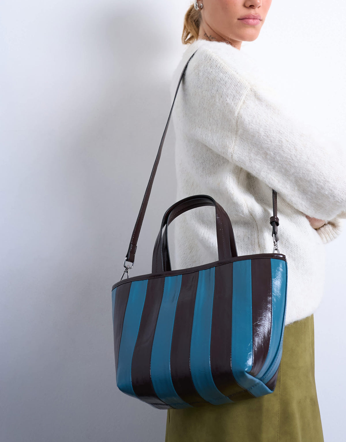 Topshop Gemma medium stripe faux leather grab bag in blue and brown