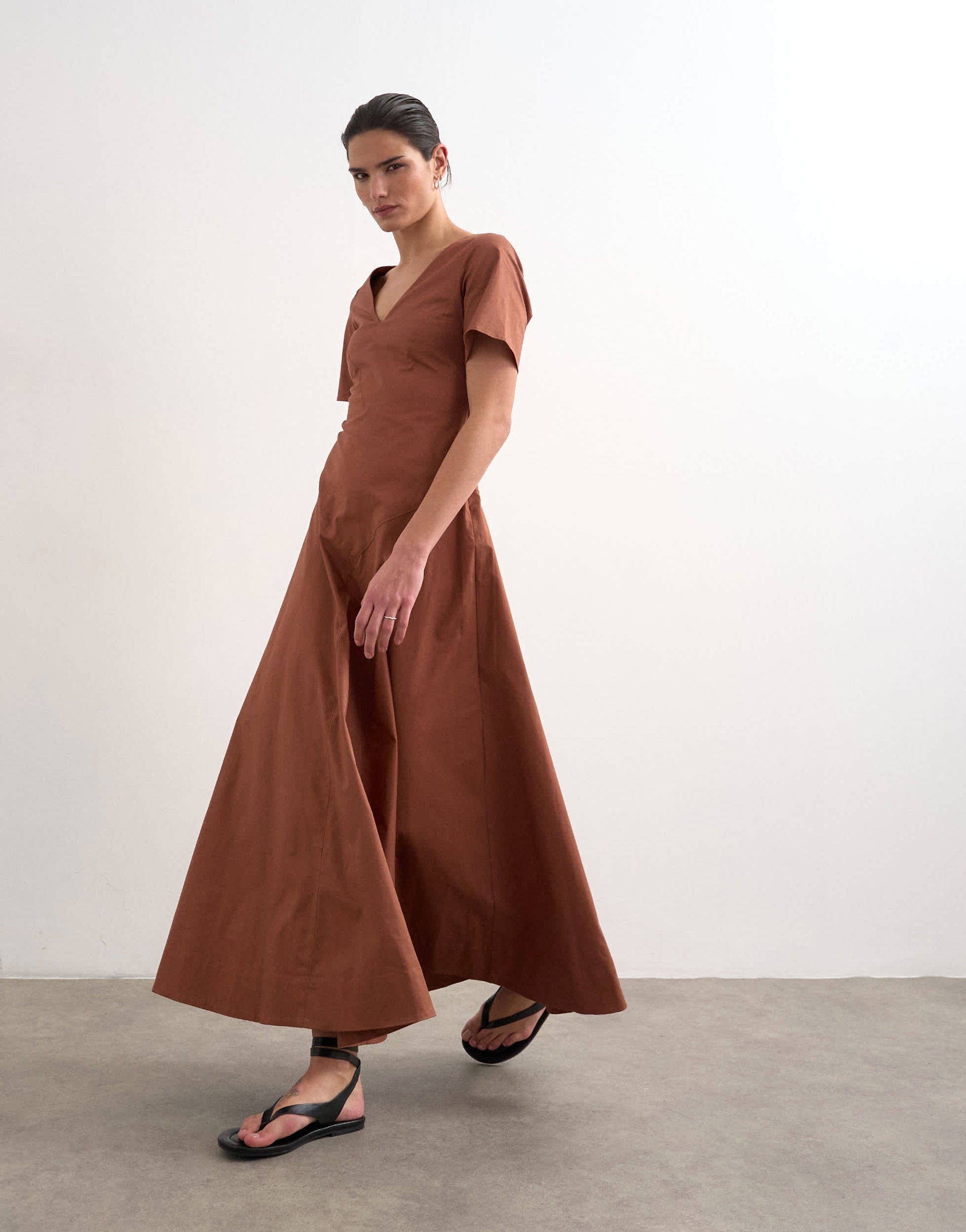 Topshop v neck heavy seamed midi dress in rust