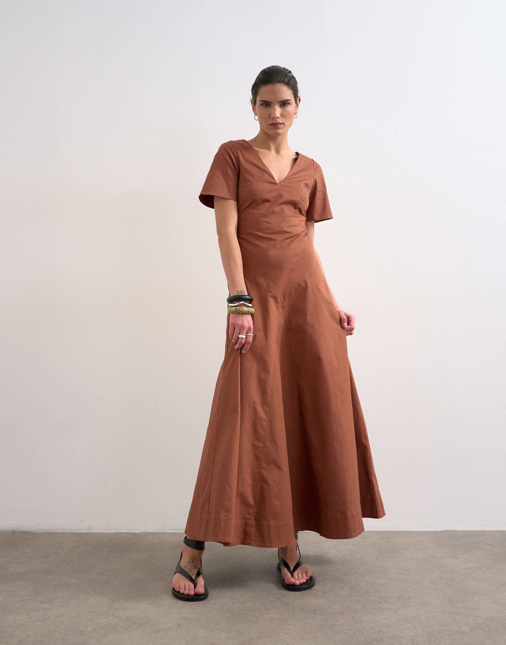 Topshop v neck heavy seamed midi dress in rust