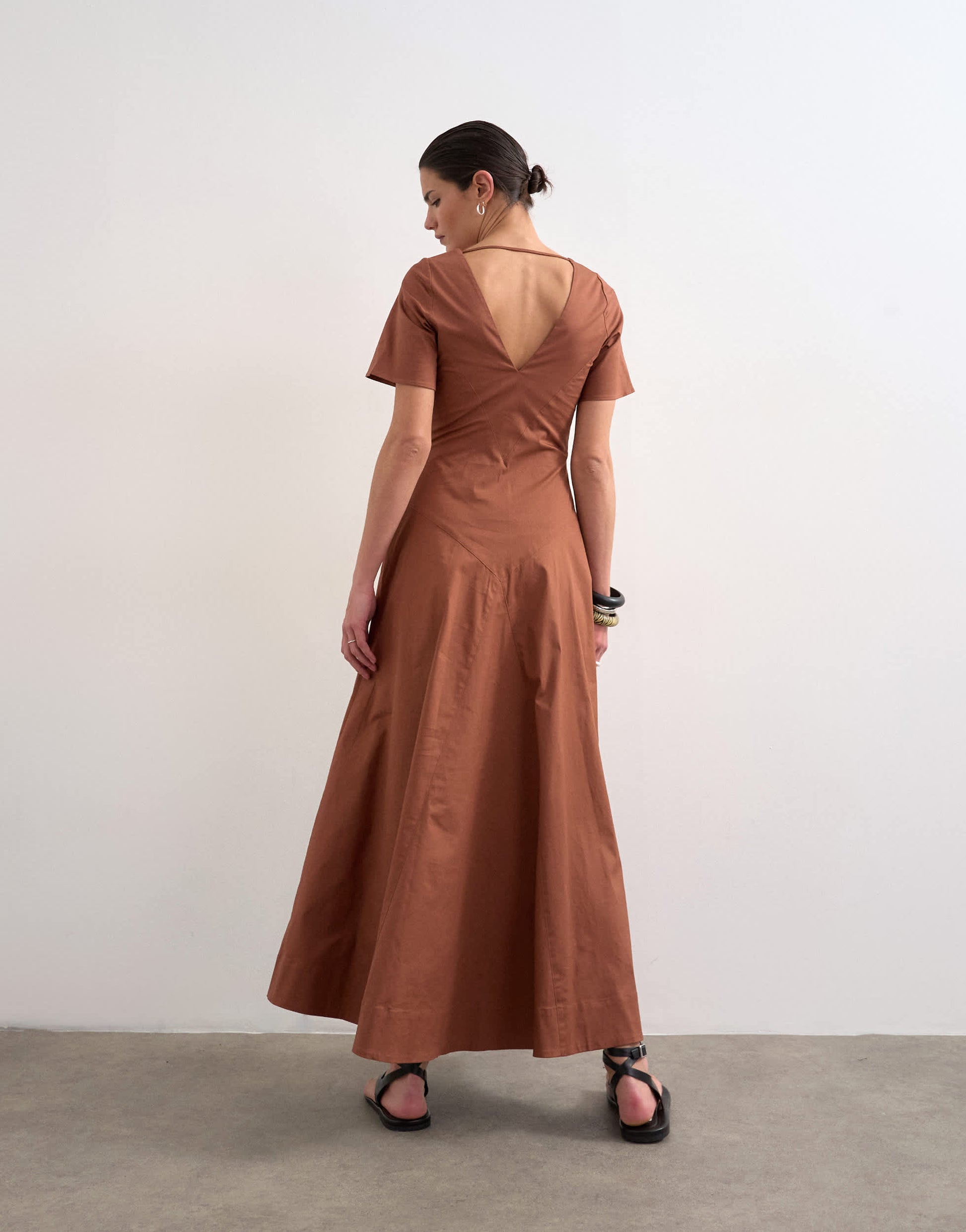 Topshop v neck heavy seamed midi dress in rust