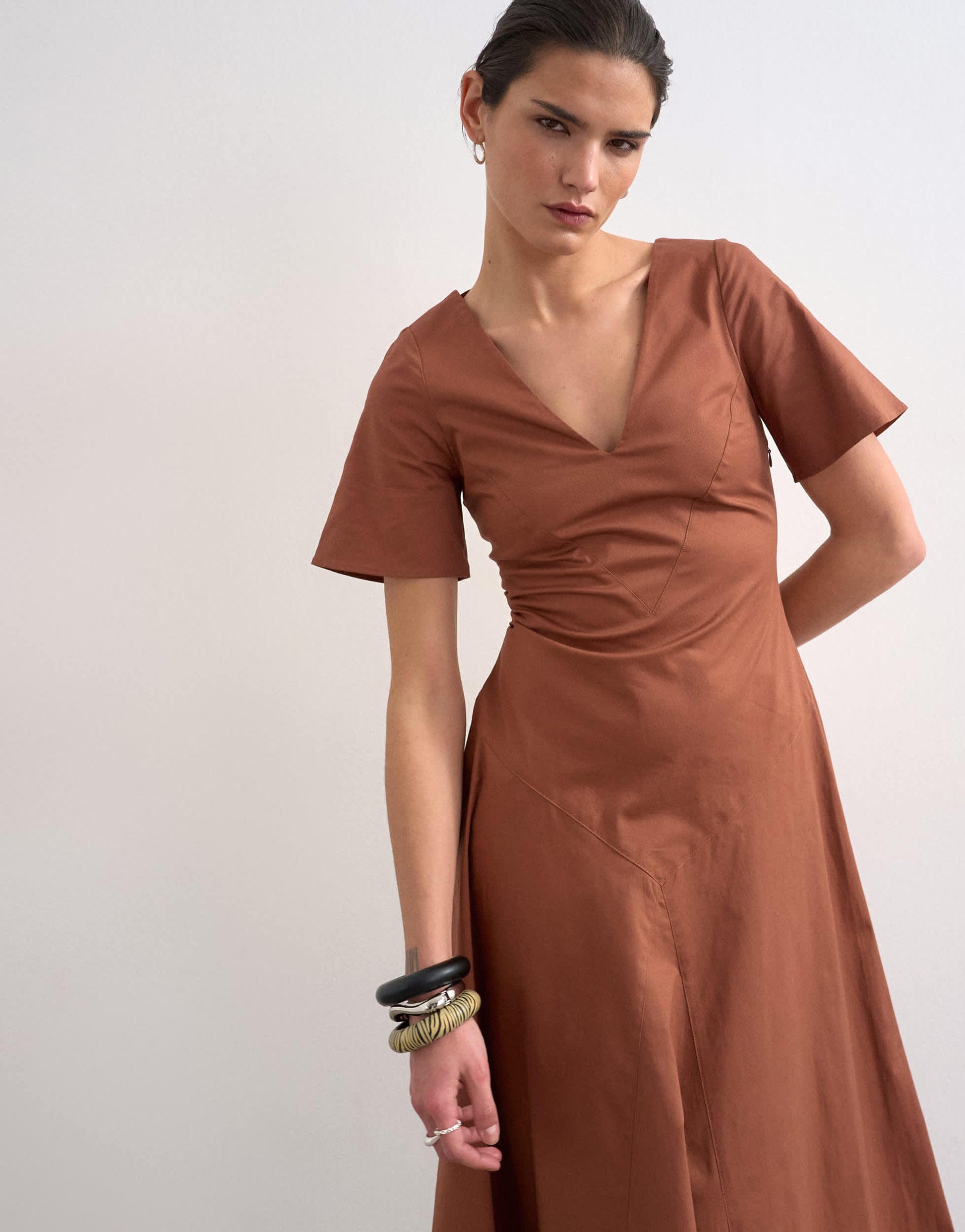 Topshop v neck heavy seamed midi dress in rust