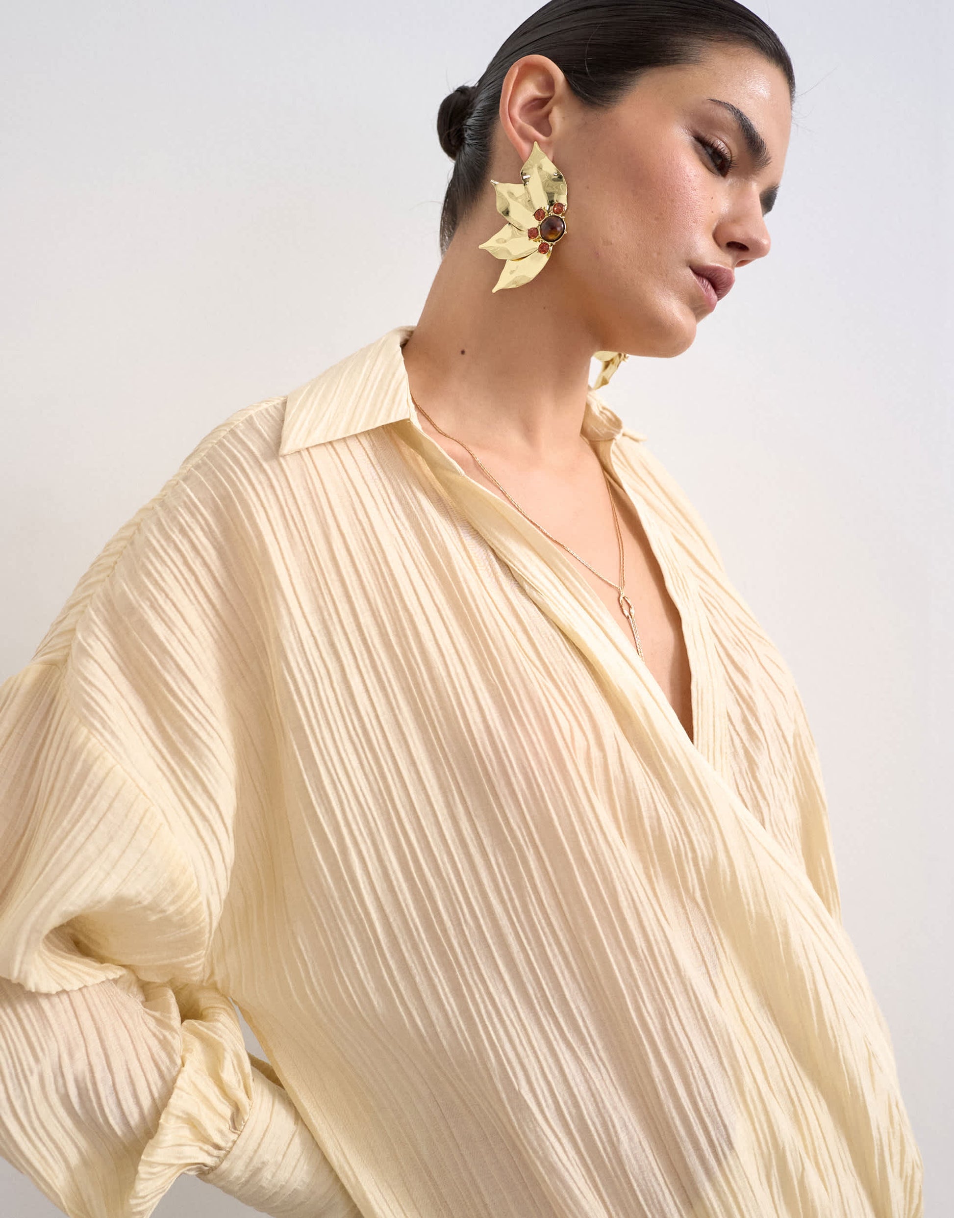 Topshop dropped waist wrap shirt dress in textured off white