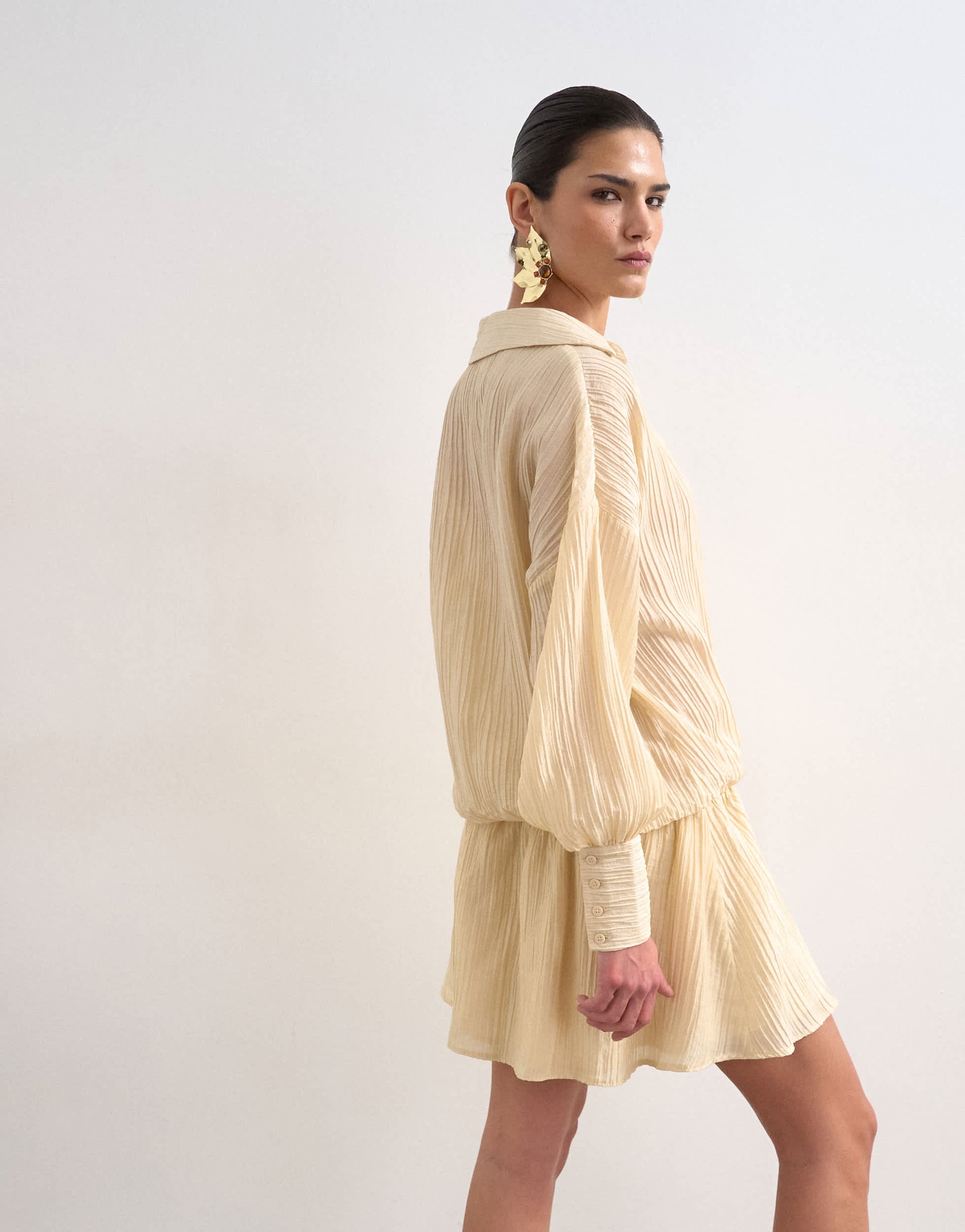 Topshop dropped waist wrap shirt dress in textured off white