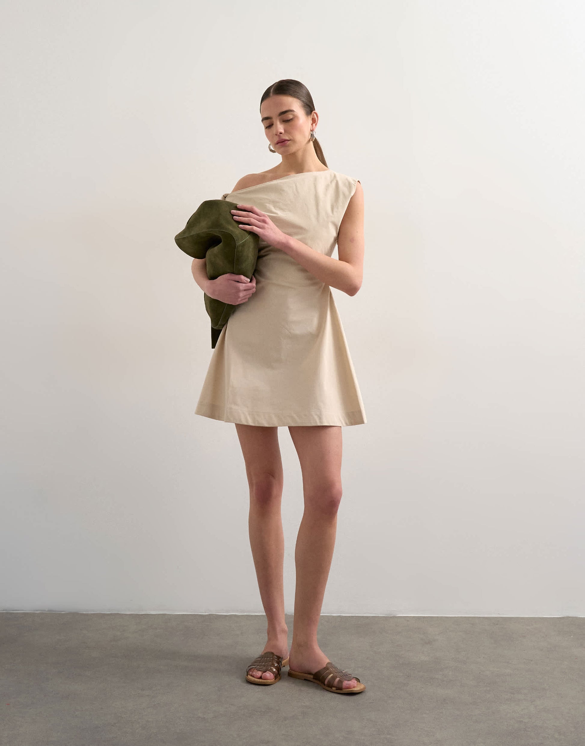 Topshop structured mini dress with twist shoulder in off white