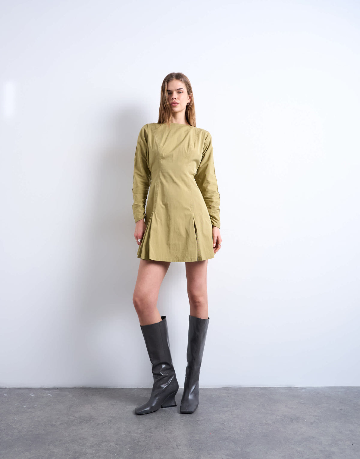 Topshop structured flippy hem mini dress in olive