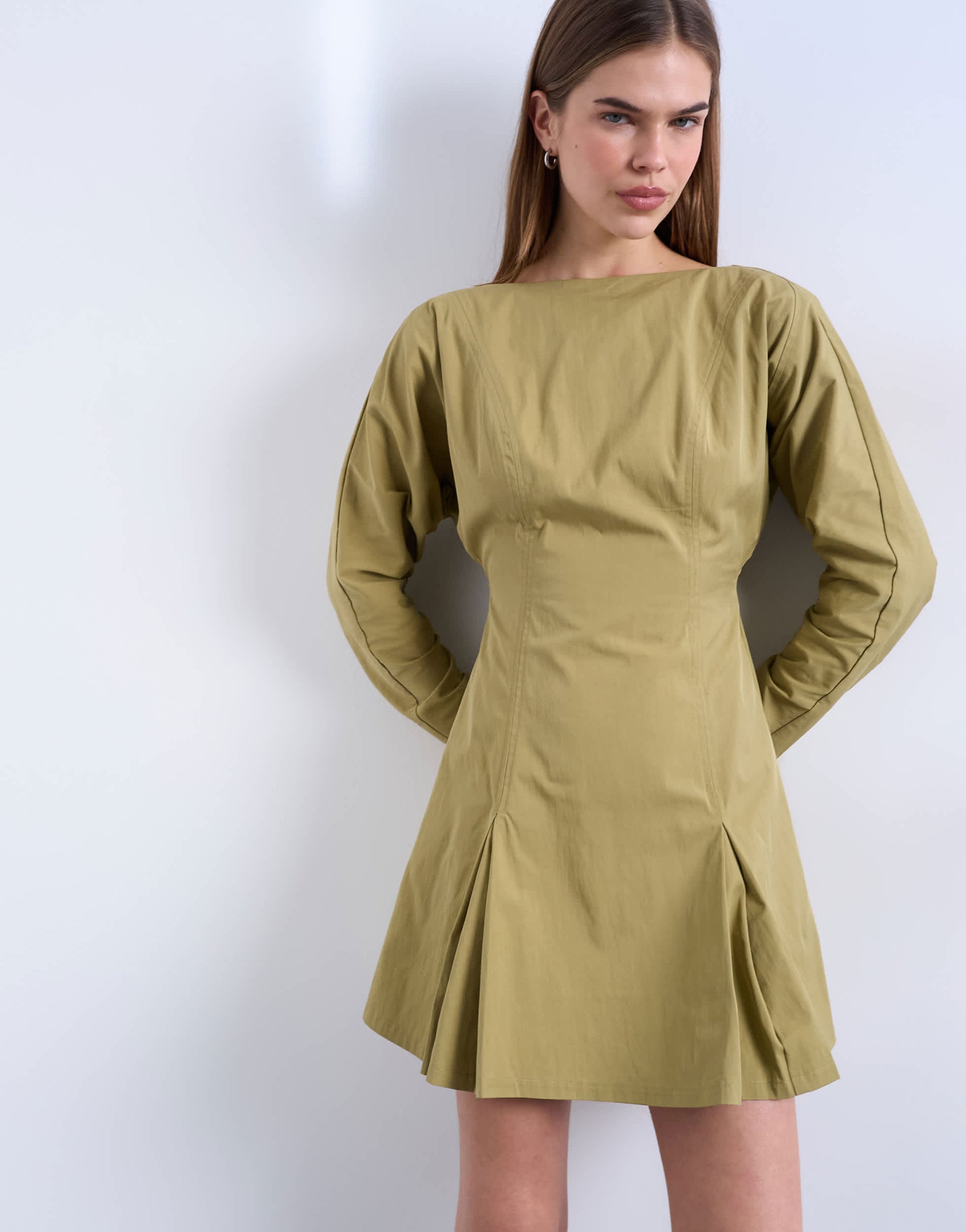 Topshop structured flippy hem mini dress in olive