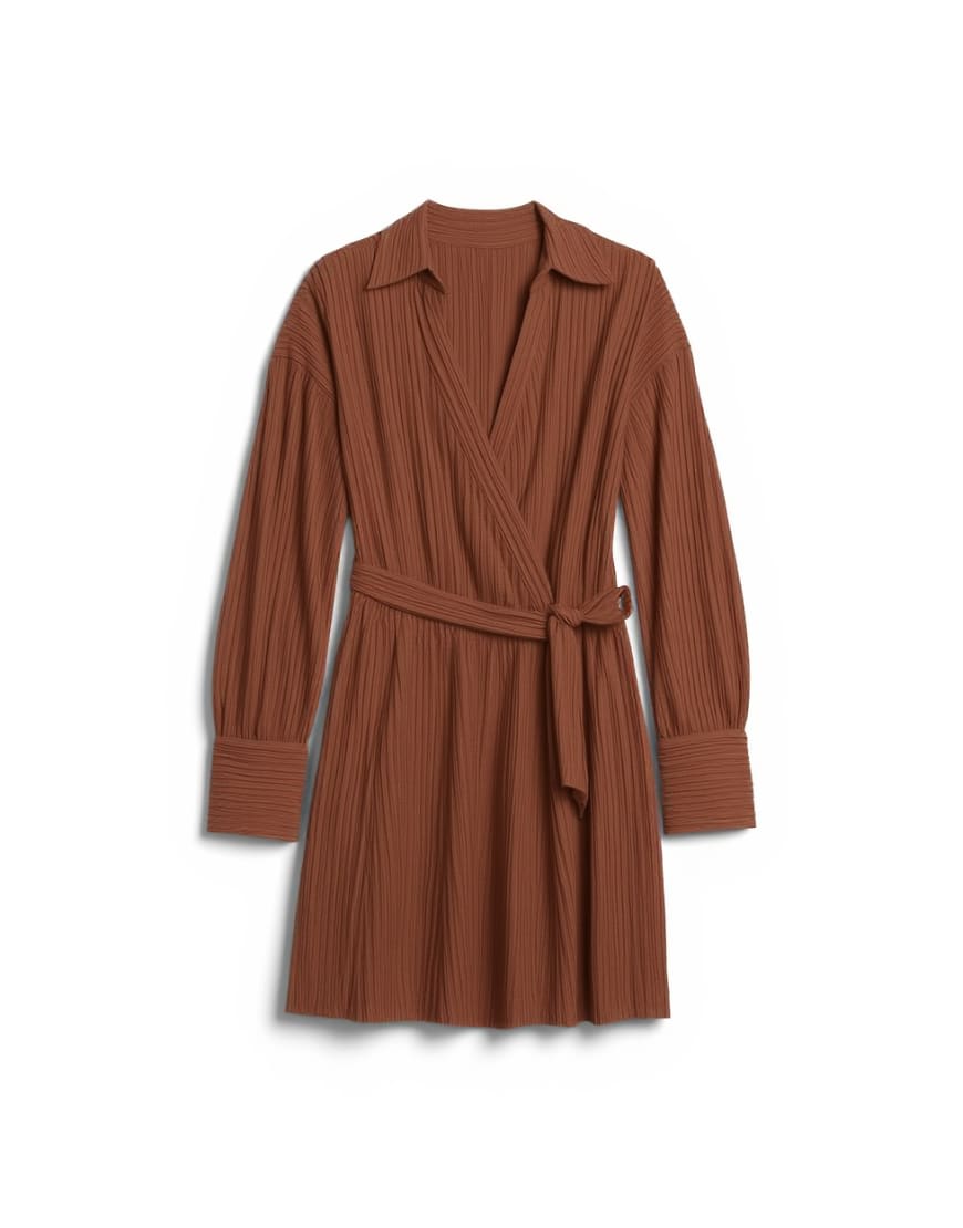 Topshop dropped waist wrap shirt dress in textured rust
