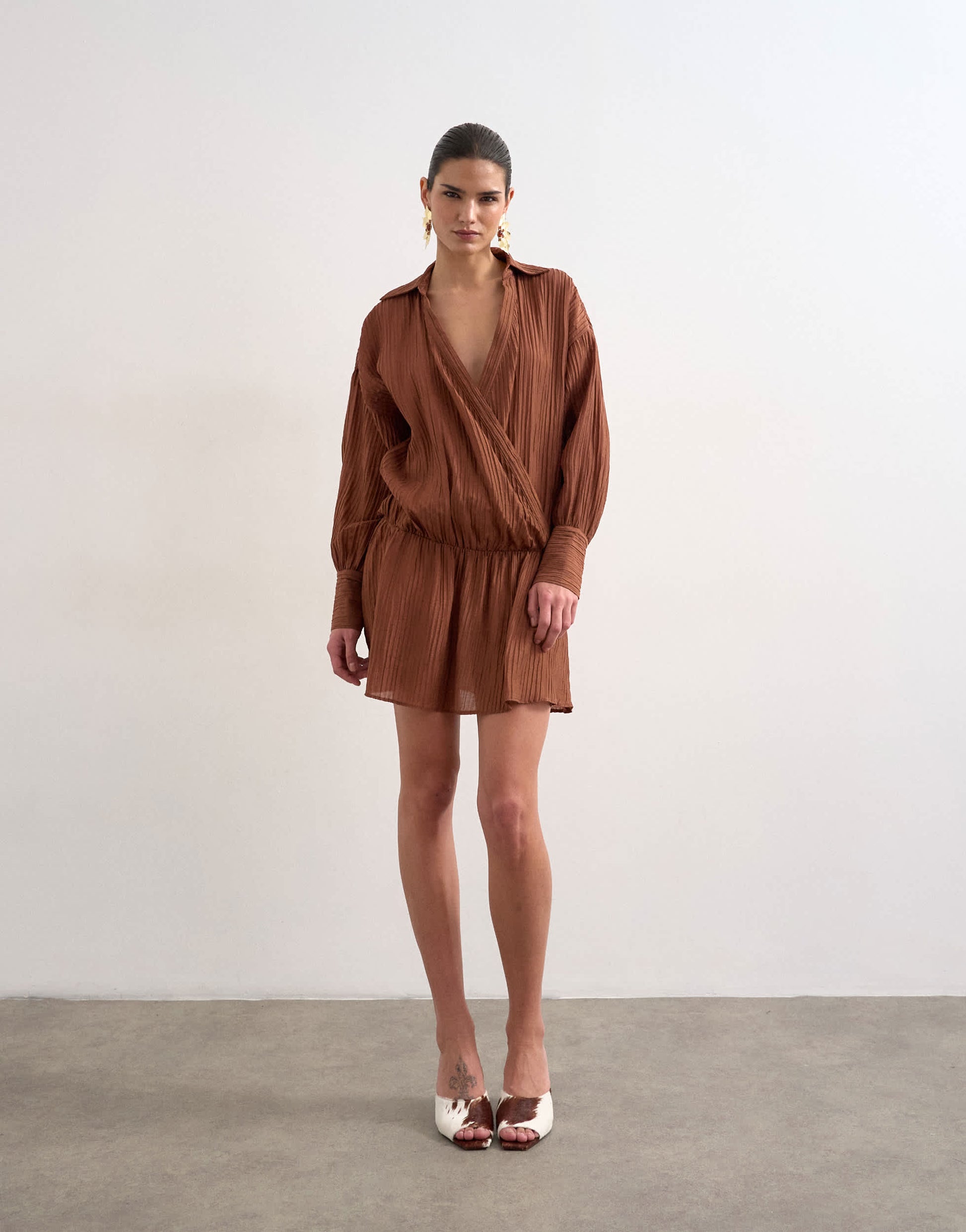 Topshop dropped waist wrap shirt dress in textured rust