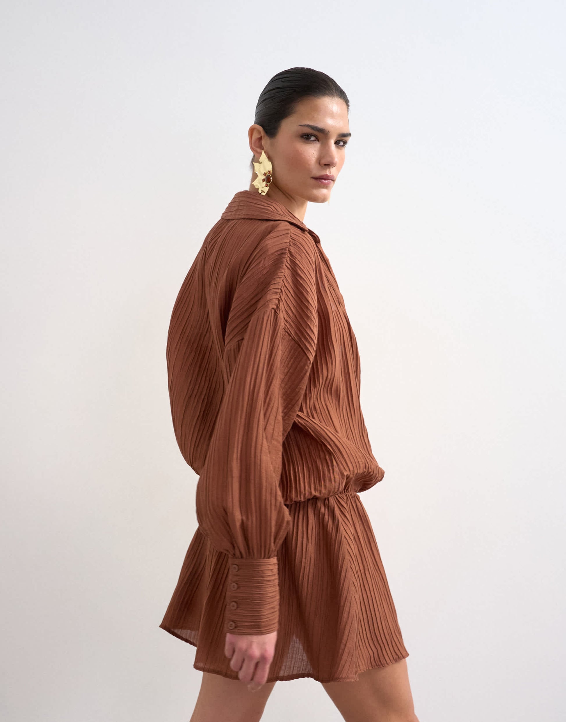 Topshop dropped waist wrap shirt dress in textured rust