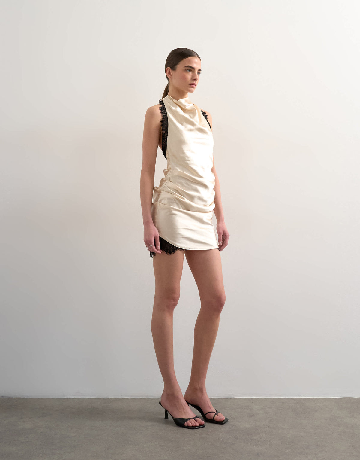 Topshop satin halter cowl neck mini dress with black contrast lace trim in oyster