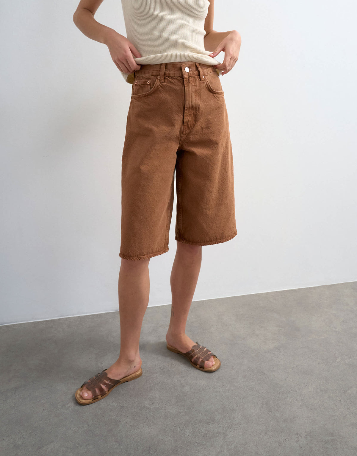 Topshop denim bermuda short in toffee