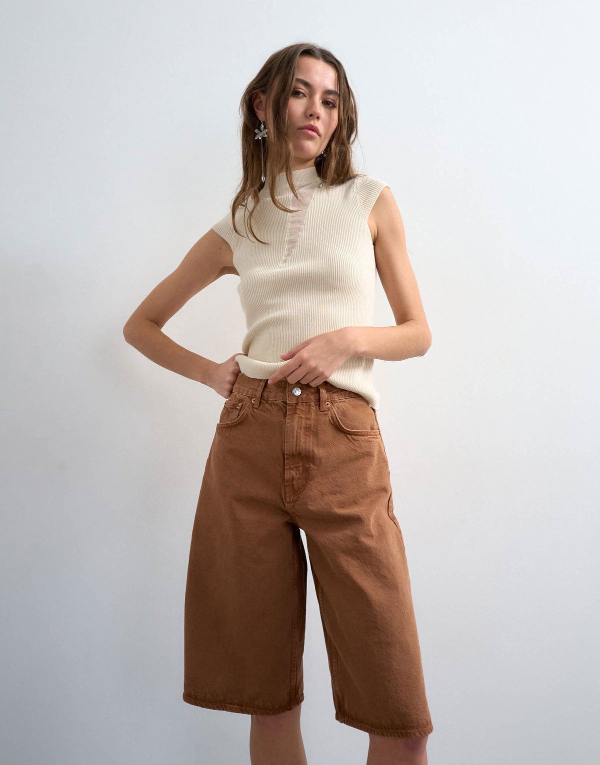 Topshop denim bermuda short in toffee