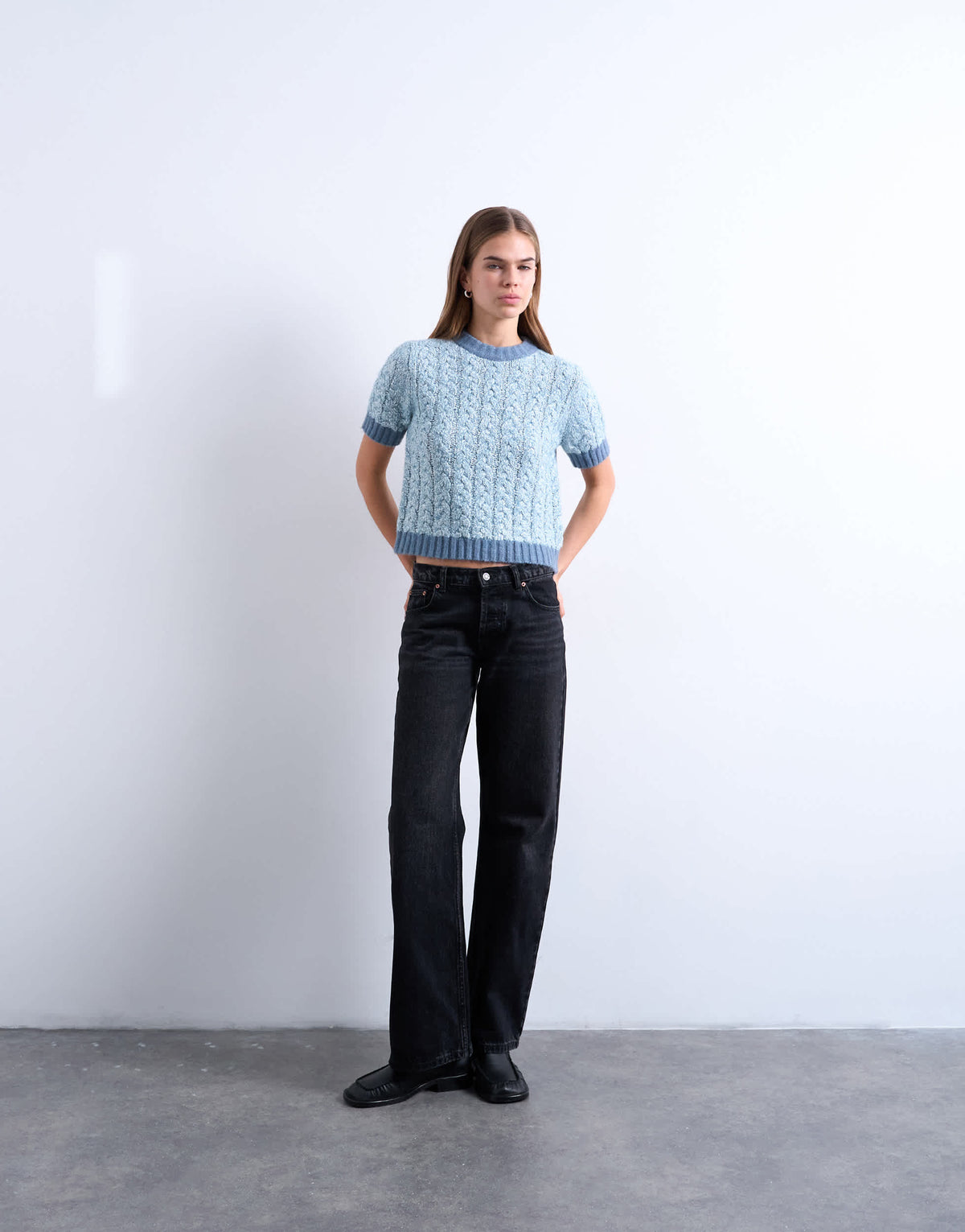 Topshop knitted cable detail short sleeve top in light blue