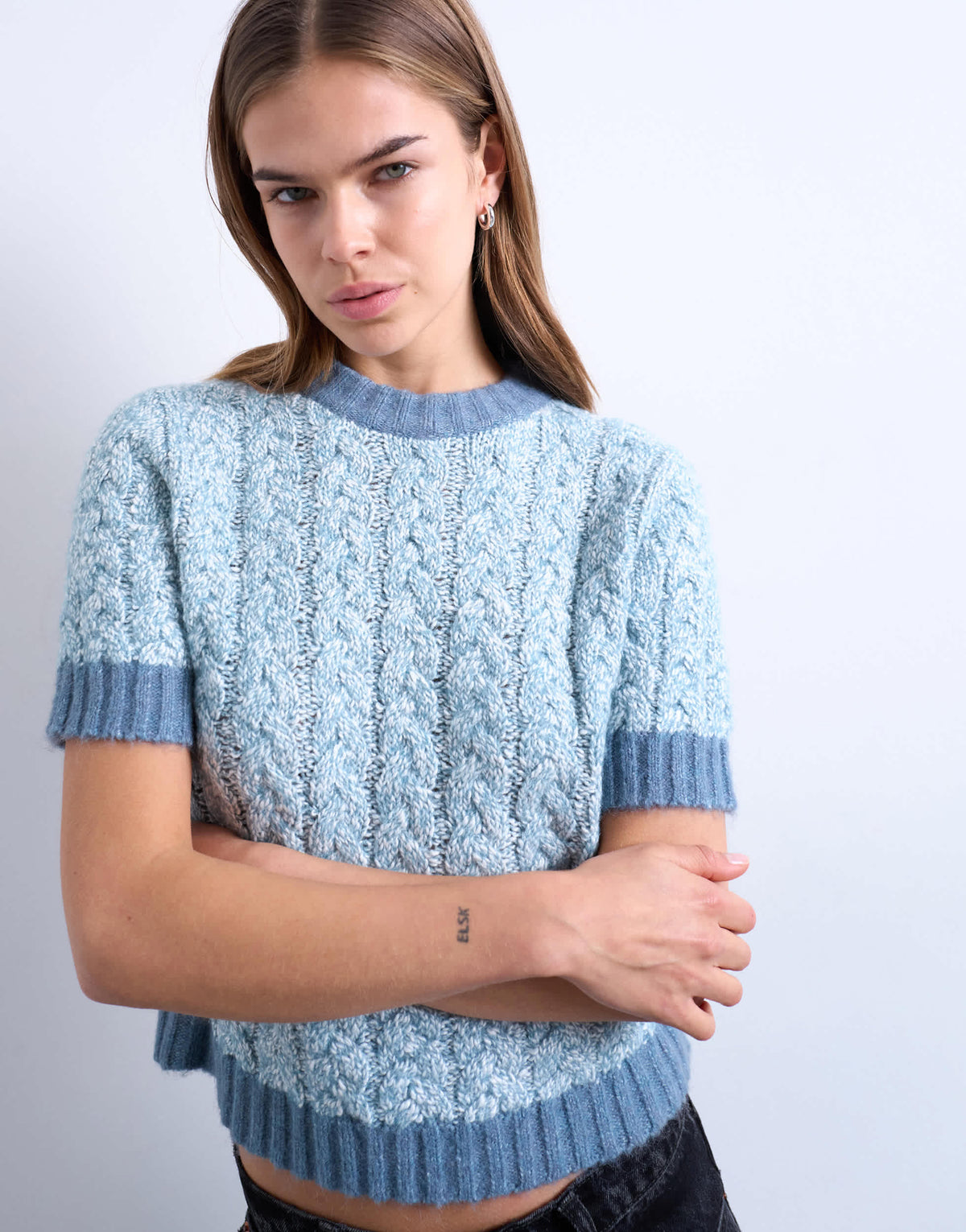 Topshop knitted cable detail short sleeve top in light blue