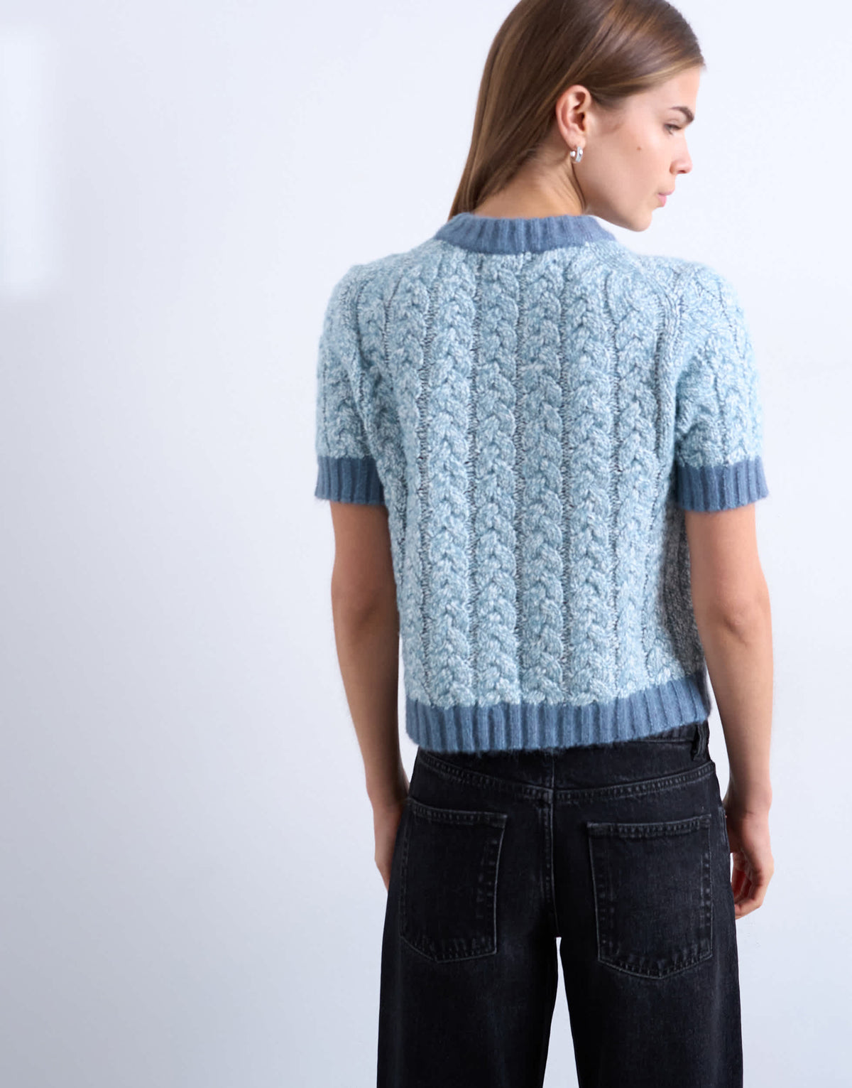 Topshop knitted cable detail short sleeve top in light blue