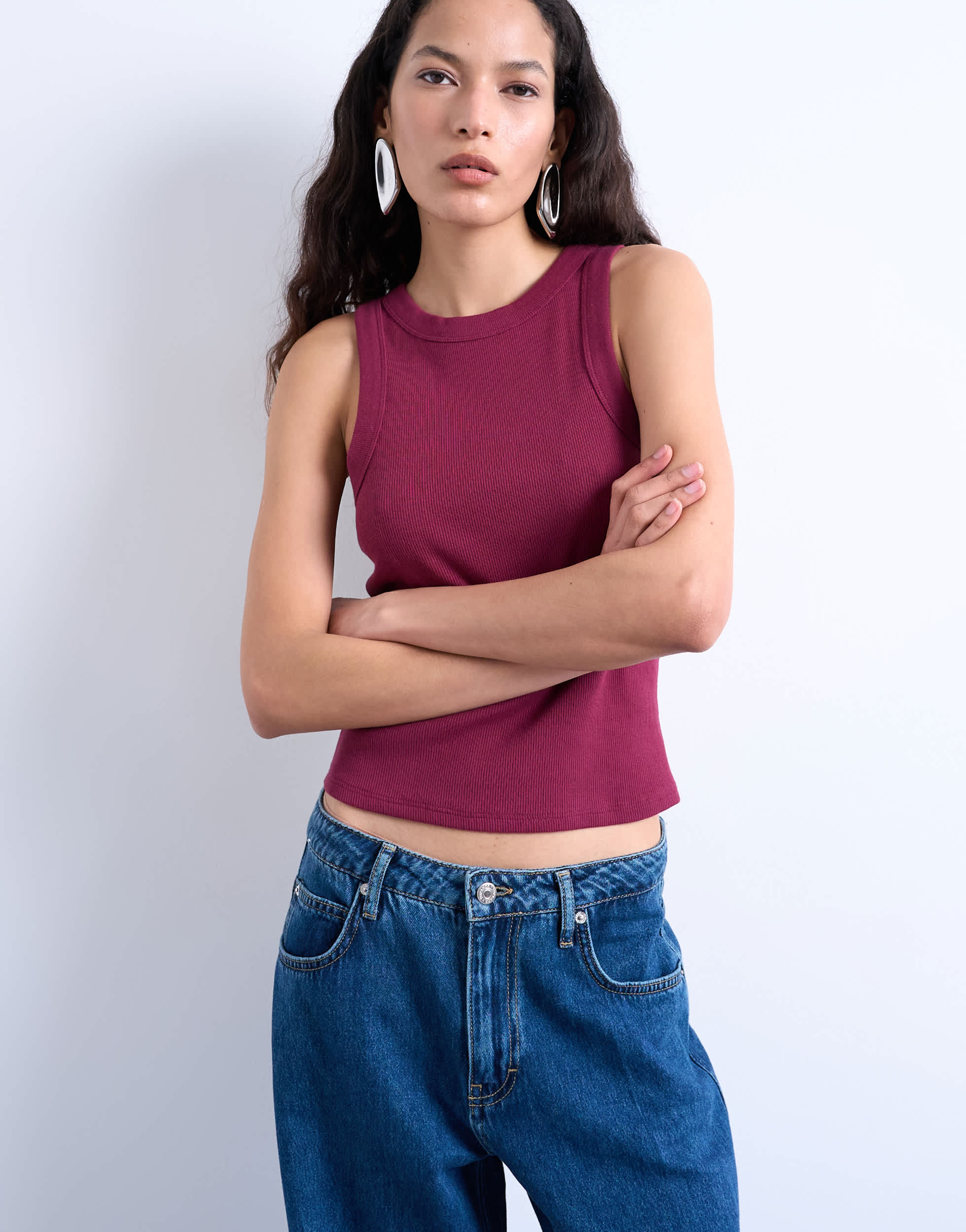 Topshop rib racer vest in burgundy