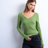 Top vert côtelé à col en V et manches longues