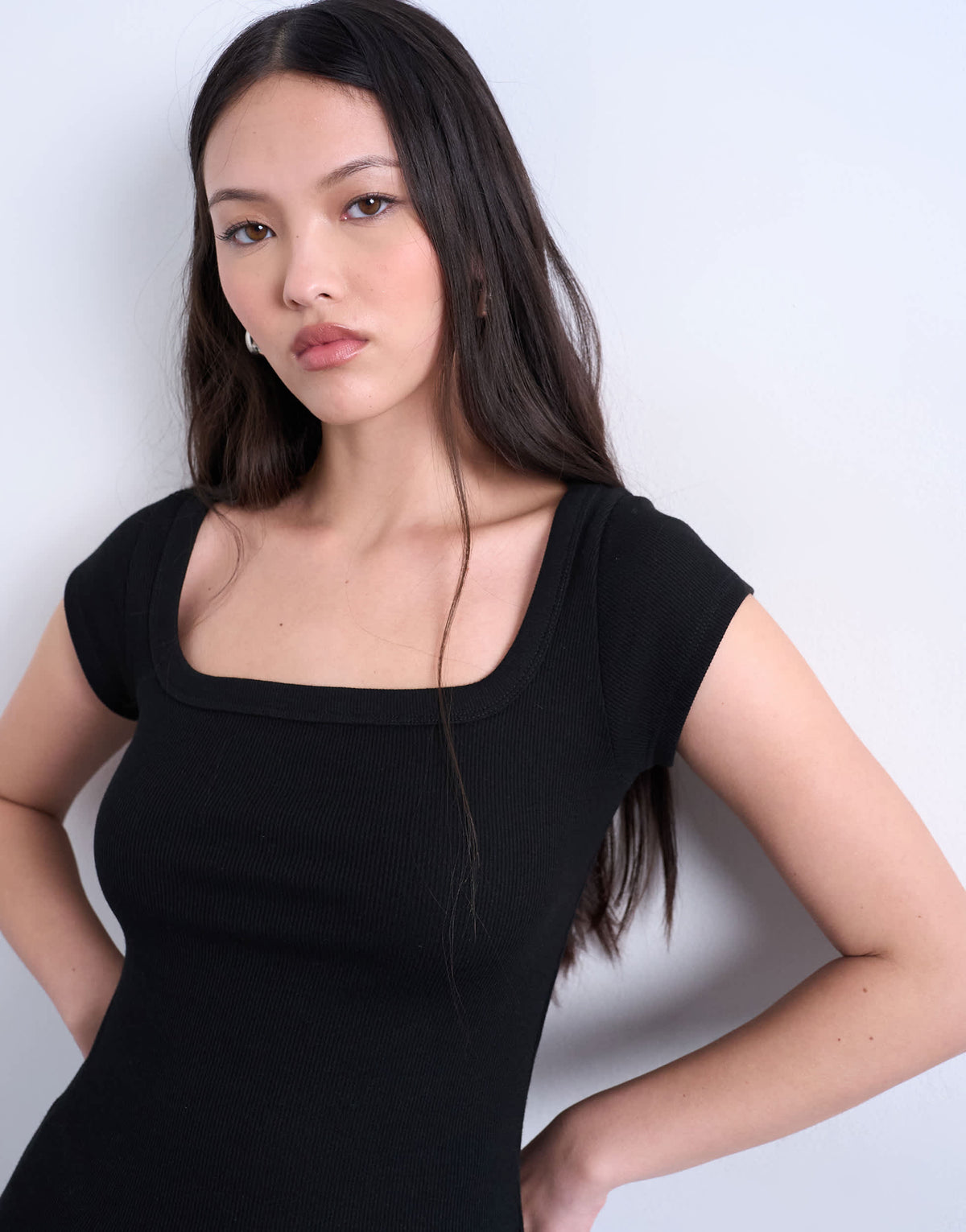 Topshop square neck rib cap sleeve tee in black
