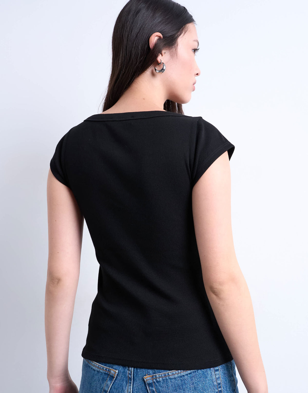 Topshop square neck rib cap sleeve tee in black