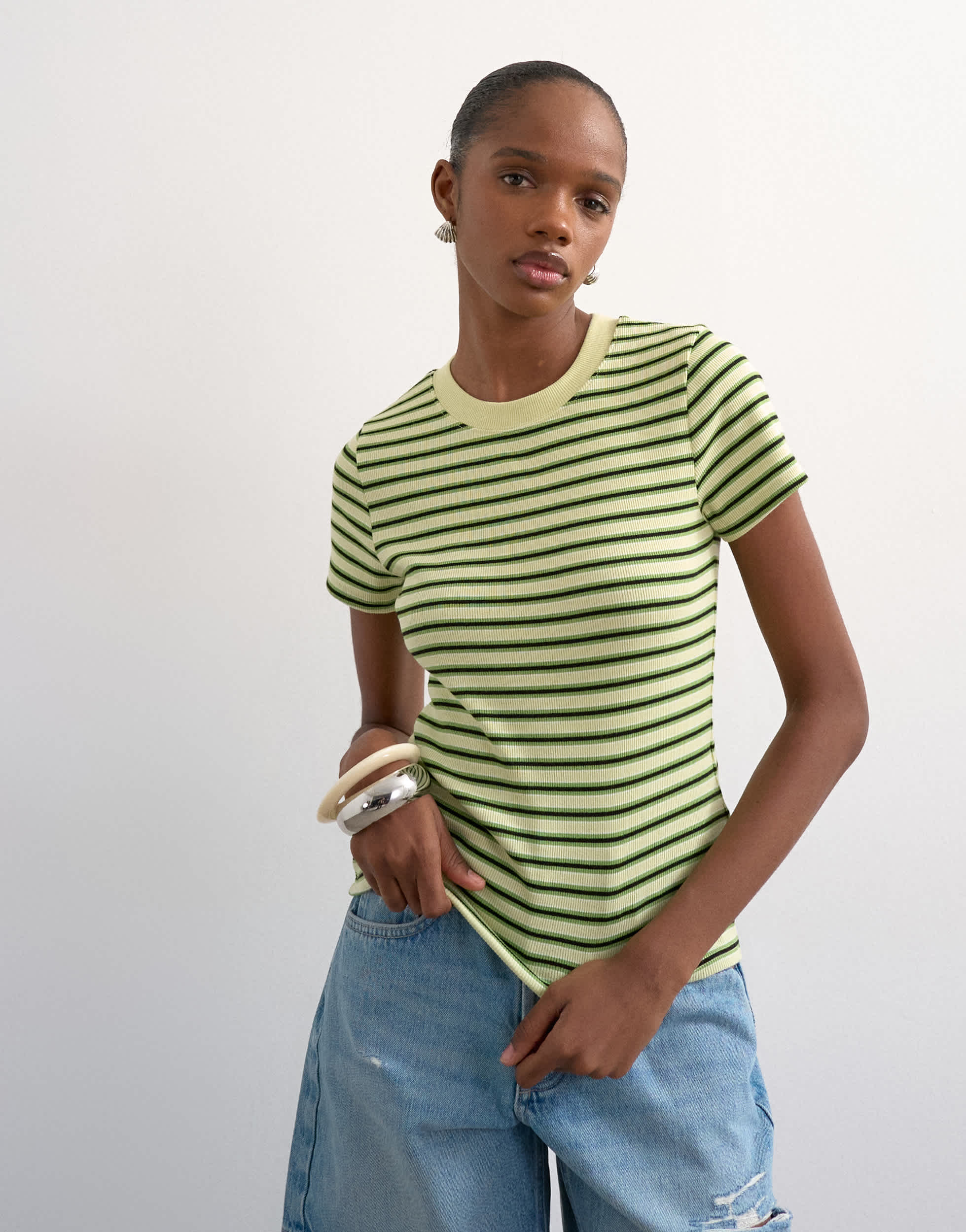 Topshop stripe rib short sleeve tee in green