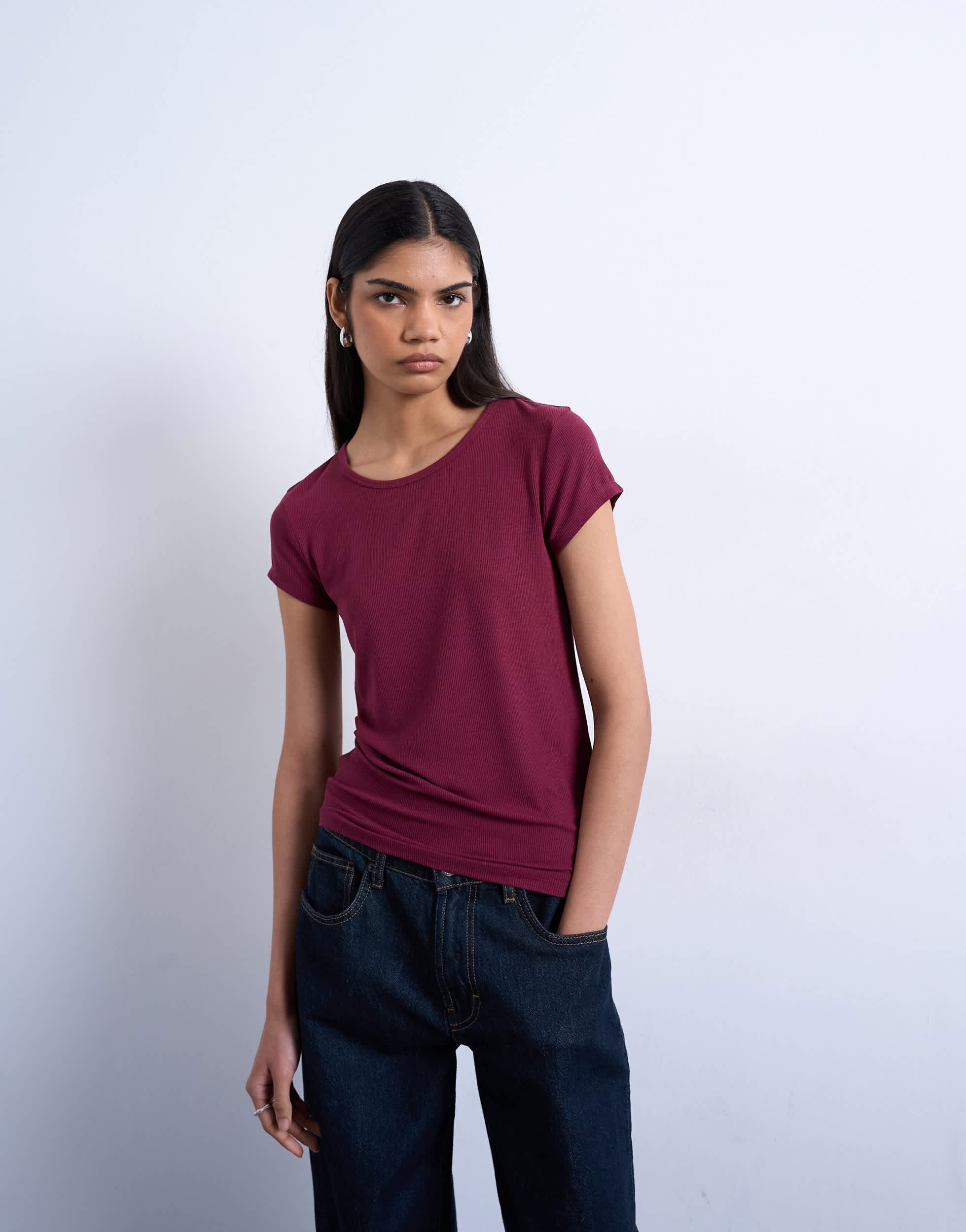 Topshop Premium-Rippstrick-Kurzarmshirt in Burgunderrot