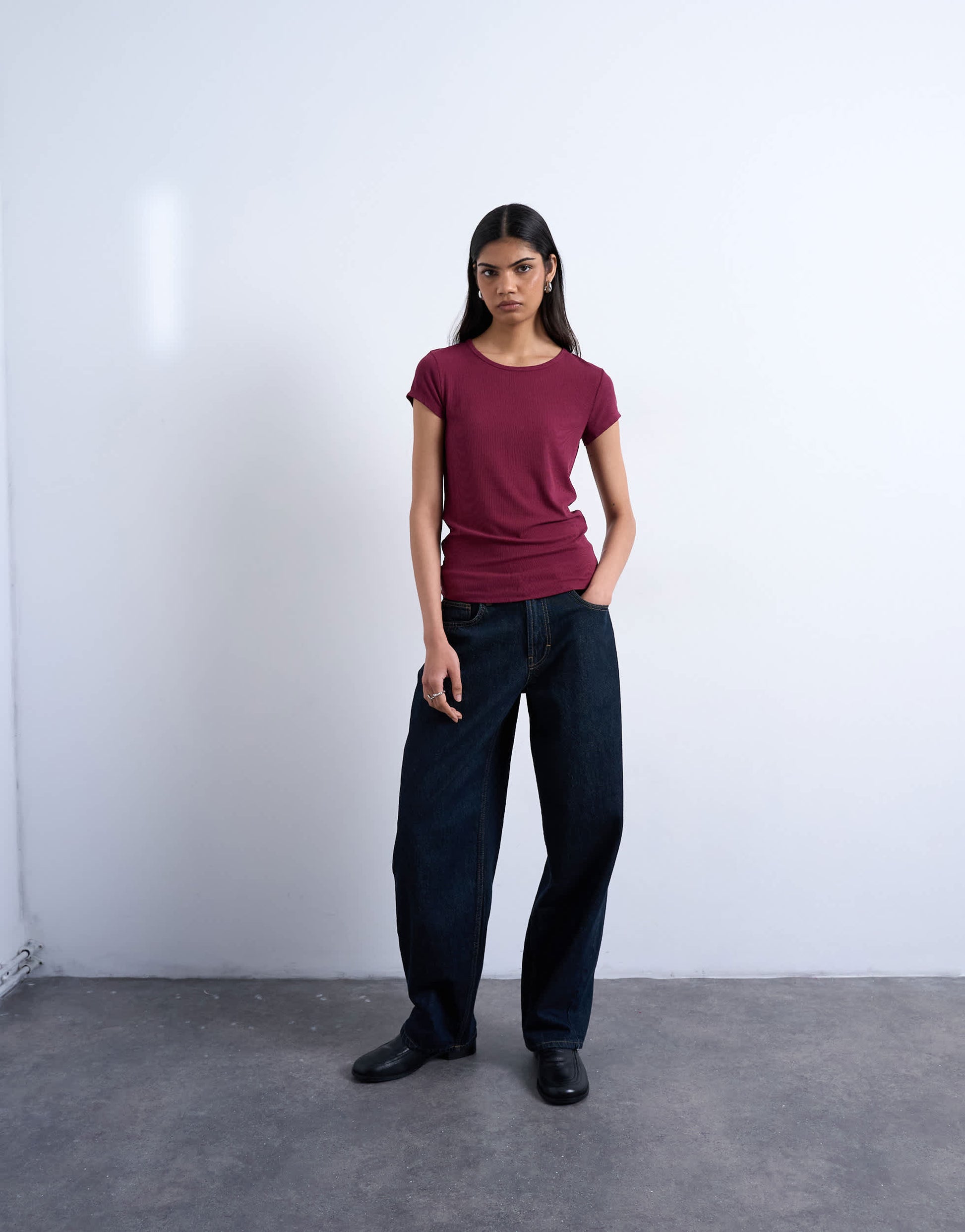 Topshop premium rib short sleeve tee in burgundy