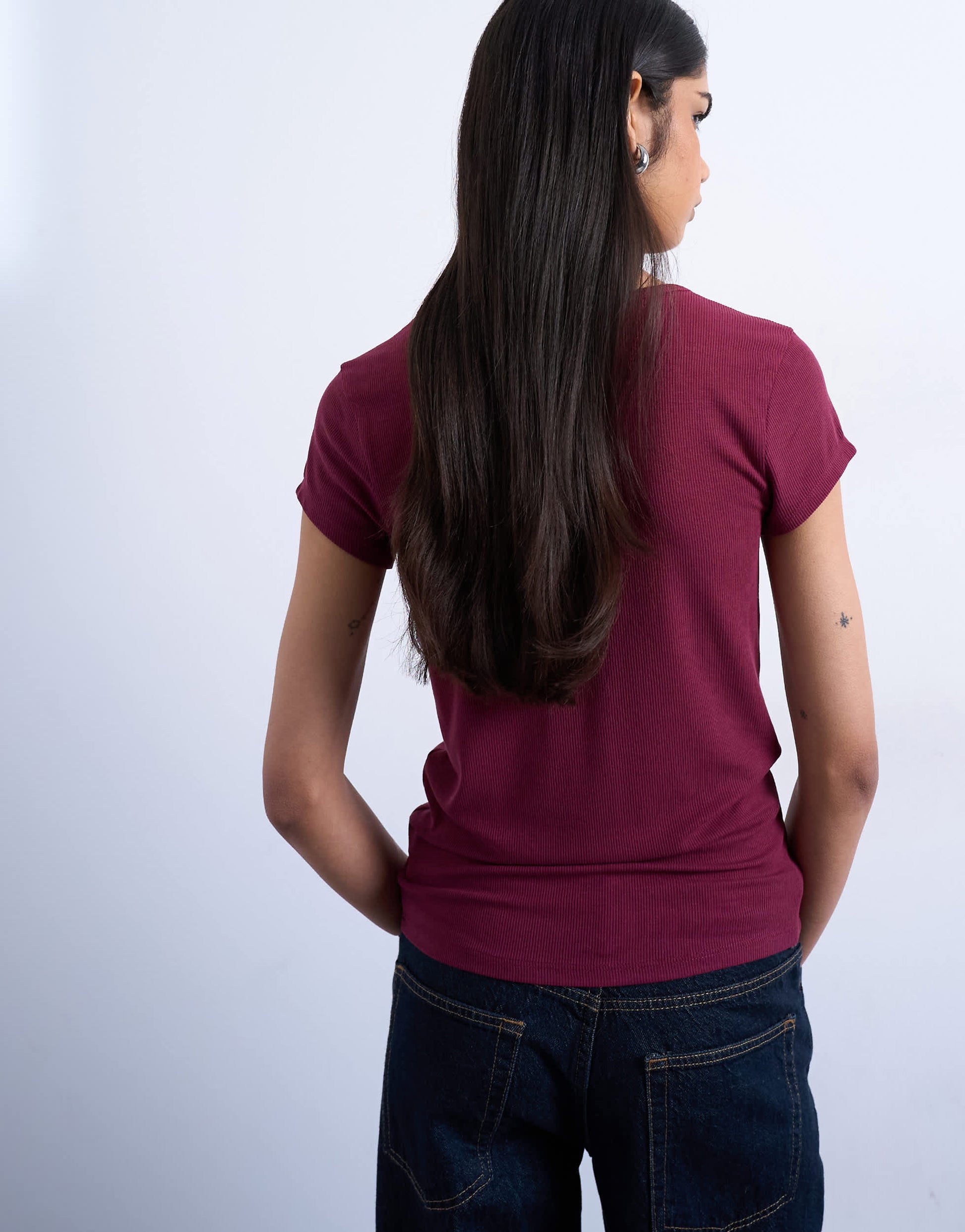 Topshop premium rib short sleeve tee in burgundy