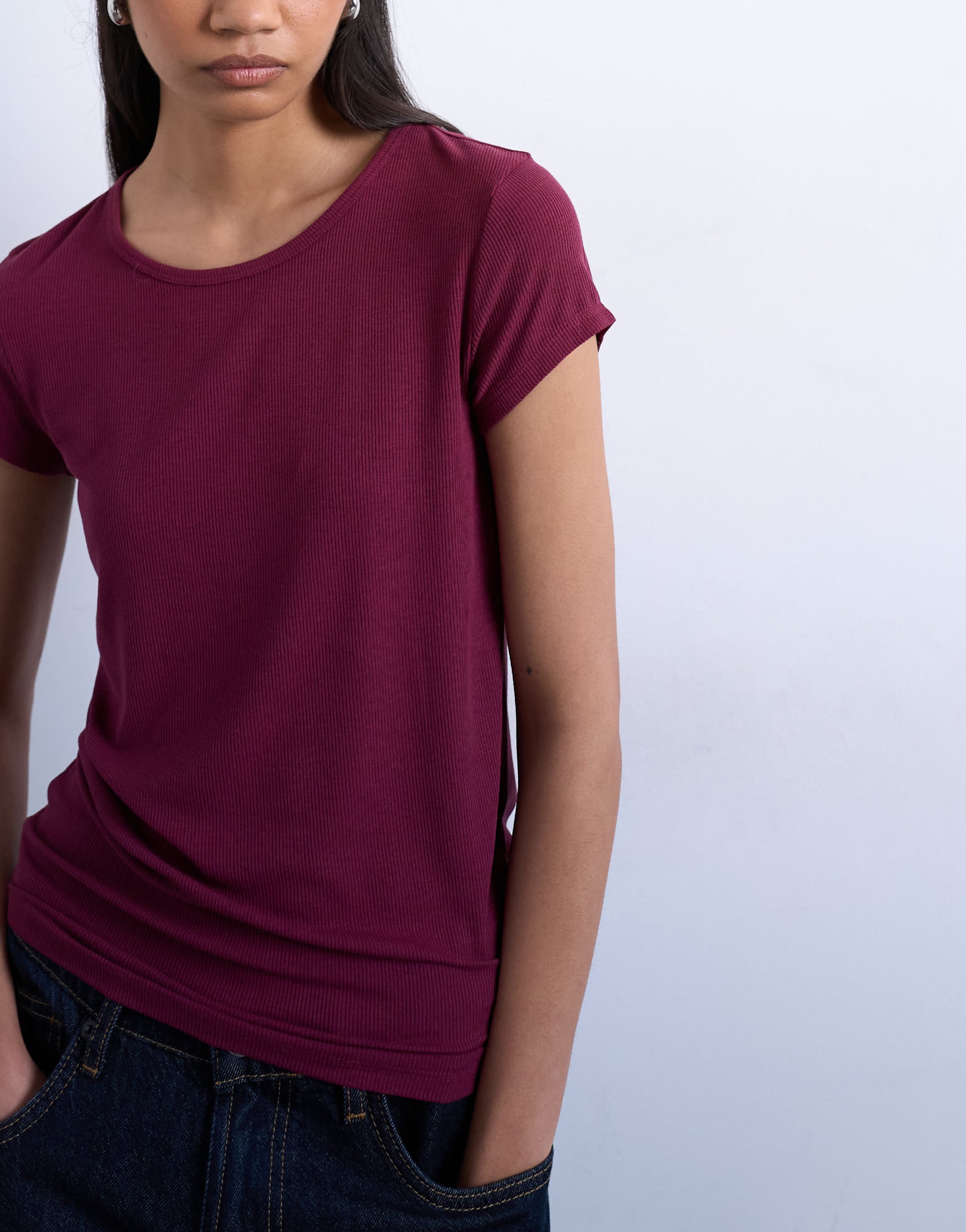 Topshop premium rib short sleeve tee in burgundy