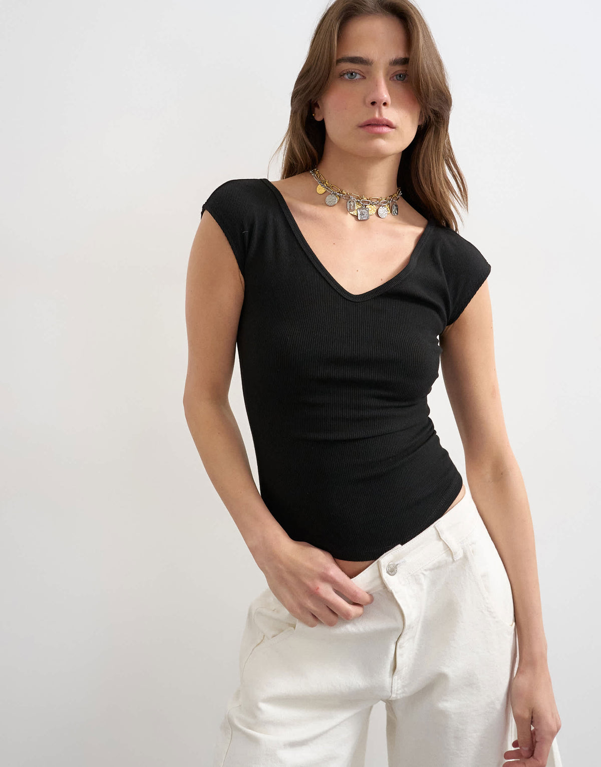 Topshop rib v-neck cap sleeve tank in black