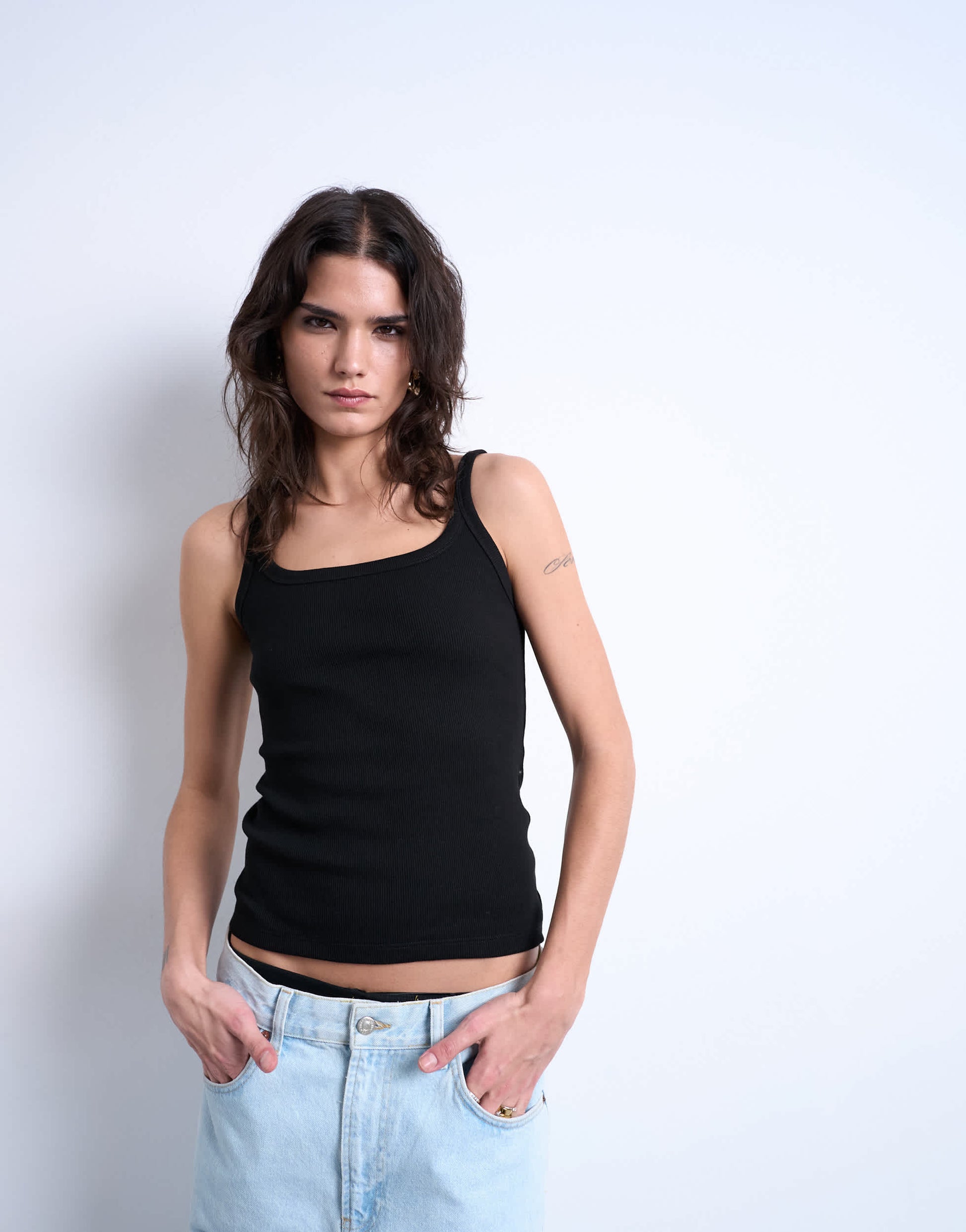 Topshop skinny strap scoop rib vest in black