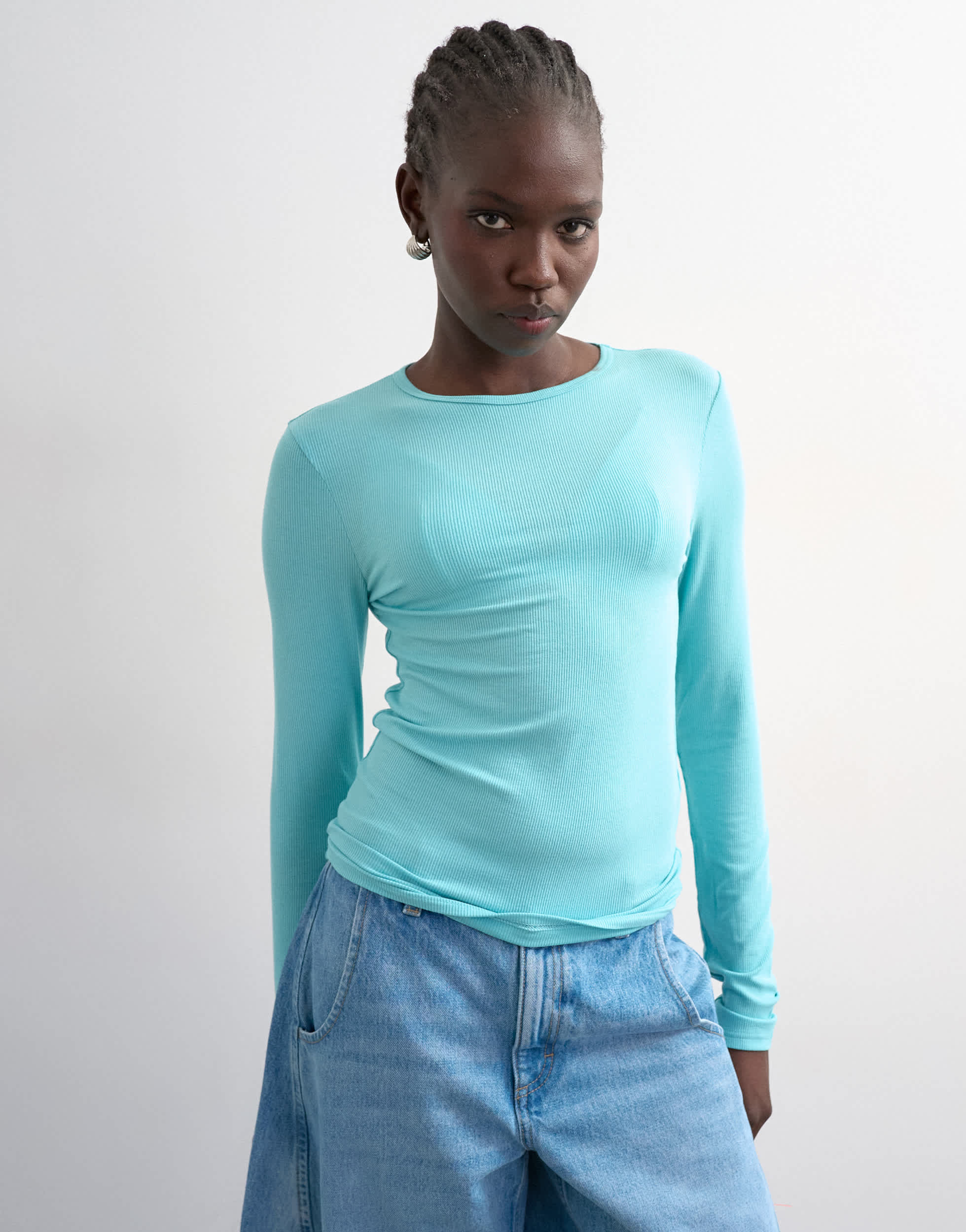 Topshop premium rib long sleeve top in light blue