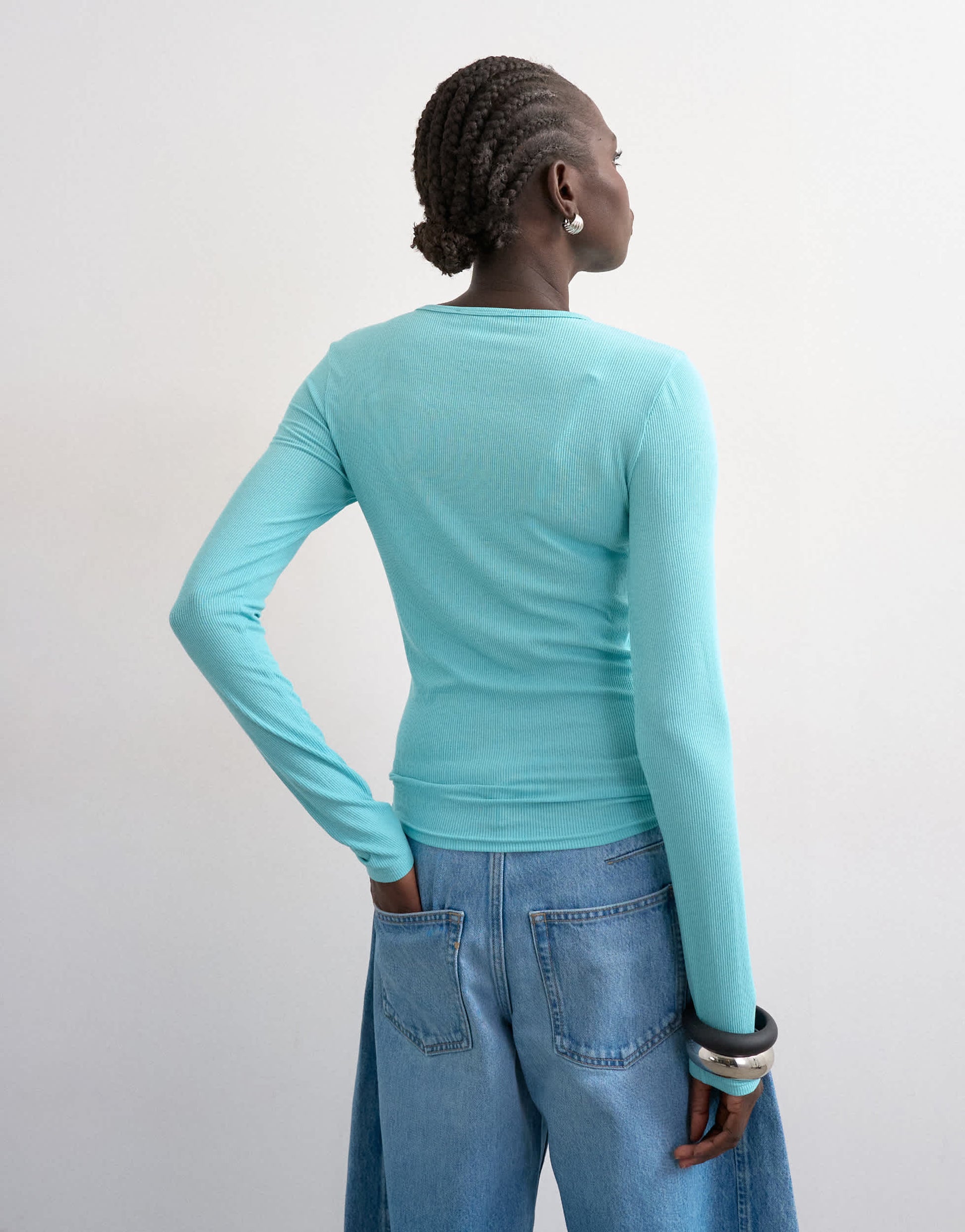 Topshop premium rib long sleeve top in light blue