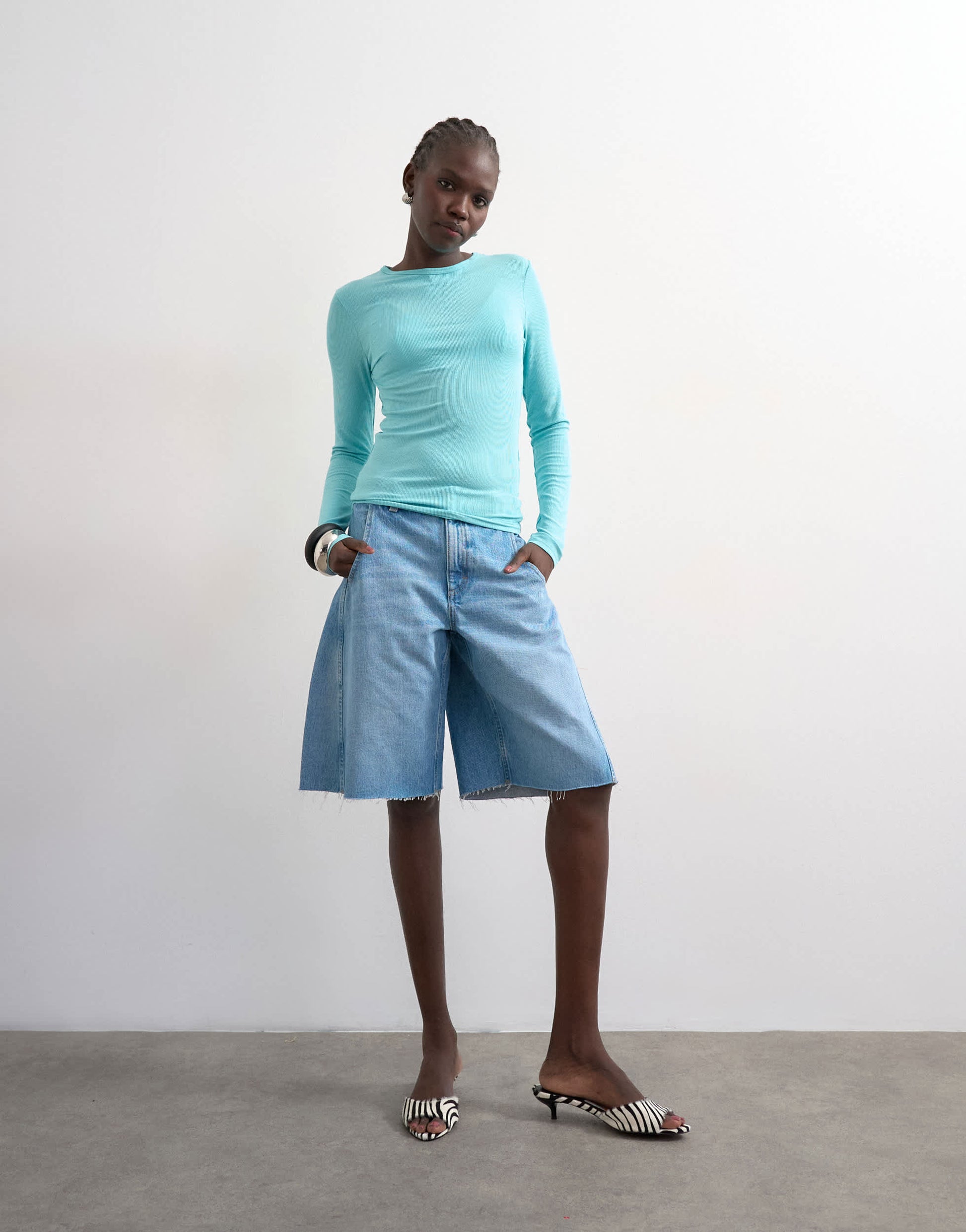Topshop premium rib long sleeve top in light blue