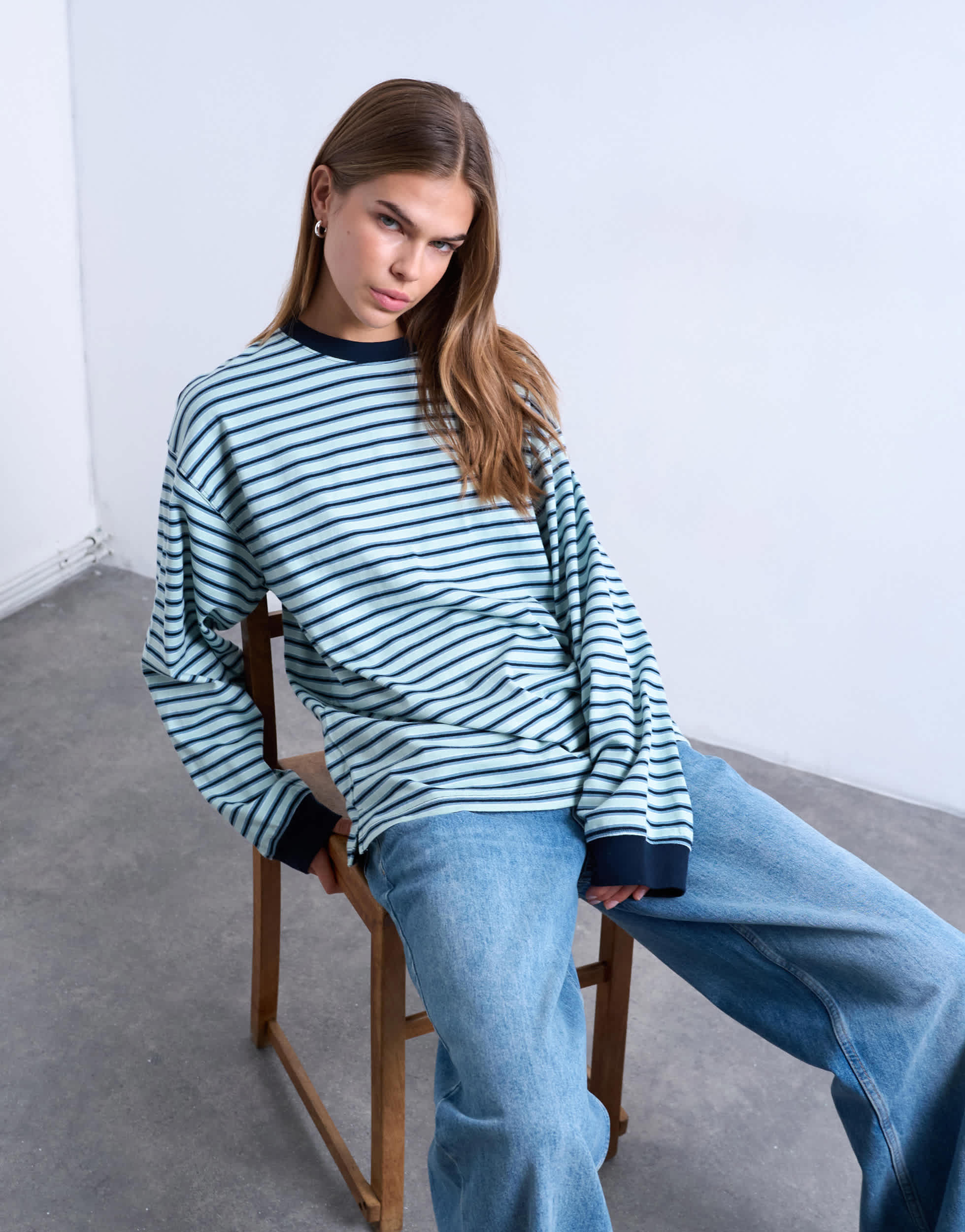 Topshop stripe long sleeve slouchy skater tee in blue