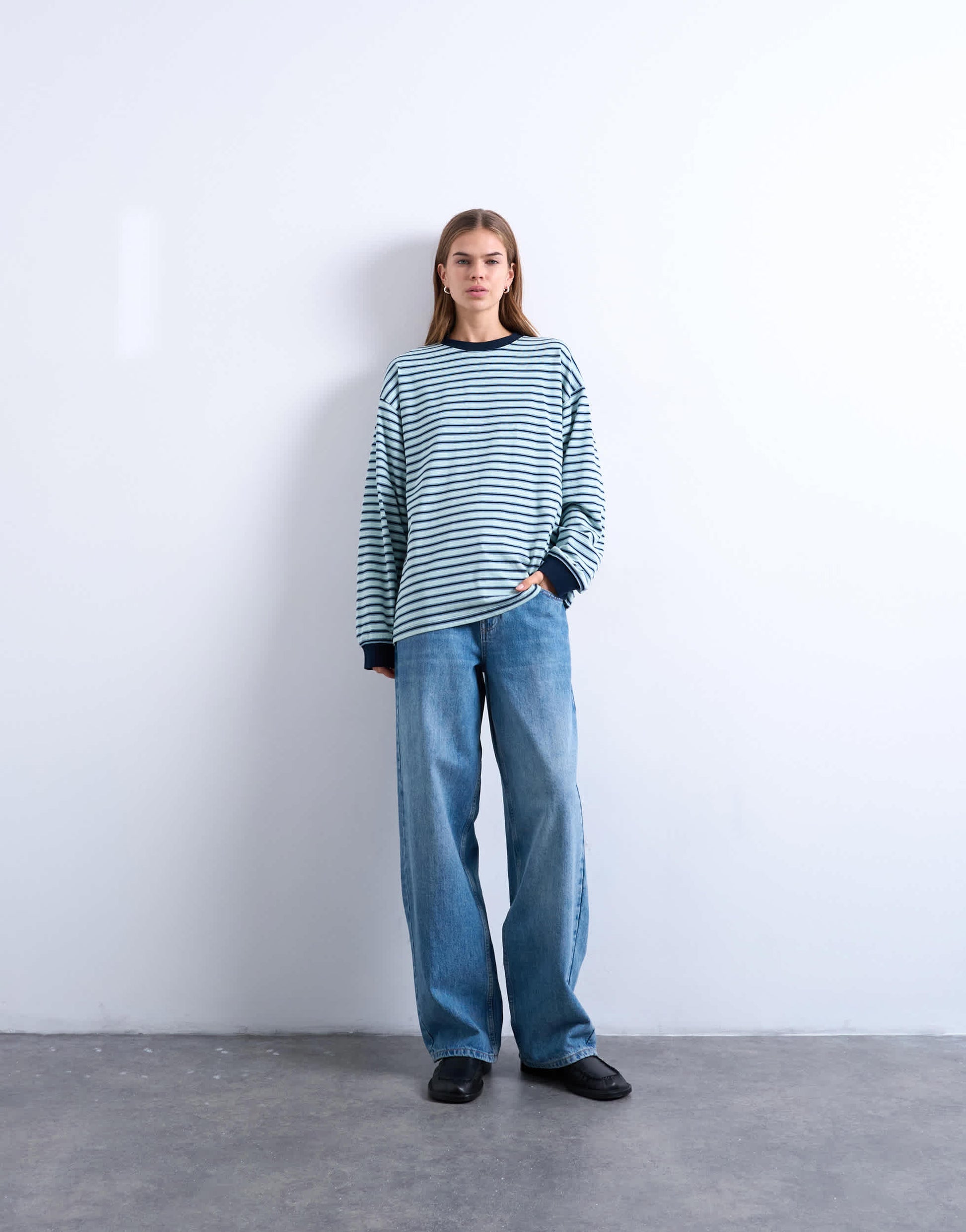 Topshop stripe long sleeve slouchy skater tee in blue