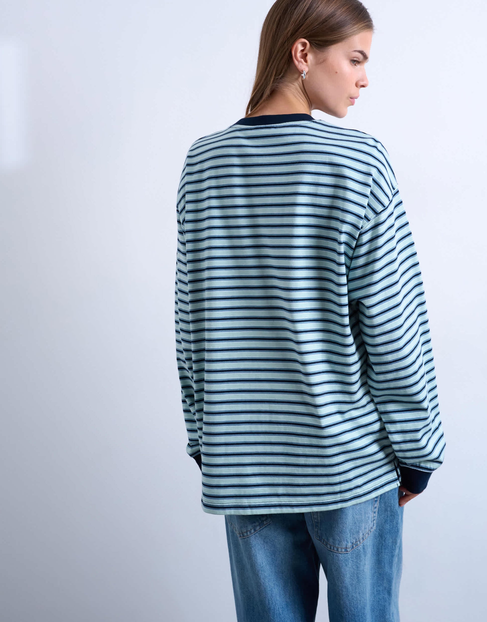 Topshop stripe long sleeve slouchy skater tee in blue