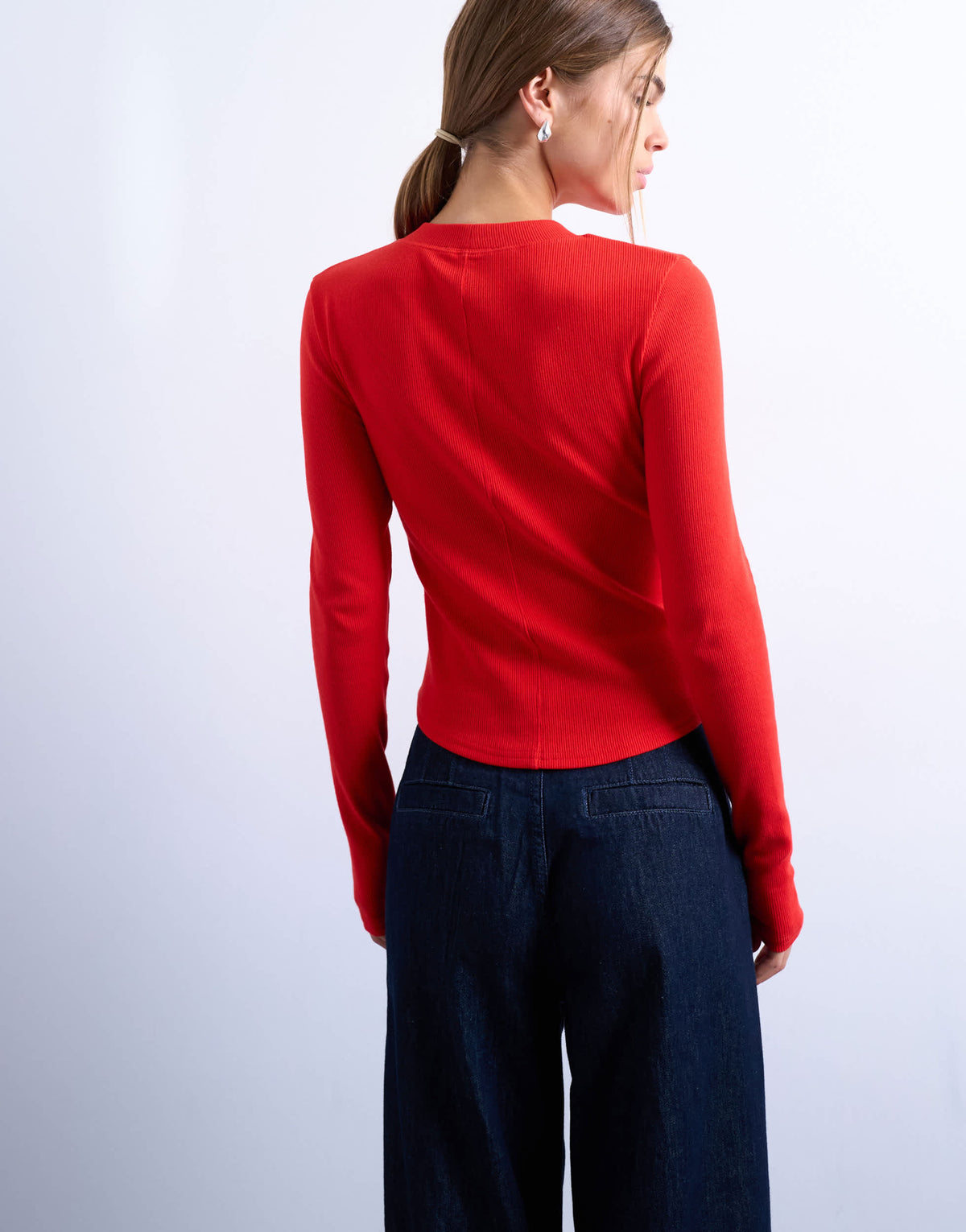 Topshop rib long sleeve curved hem top in red